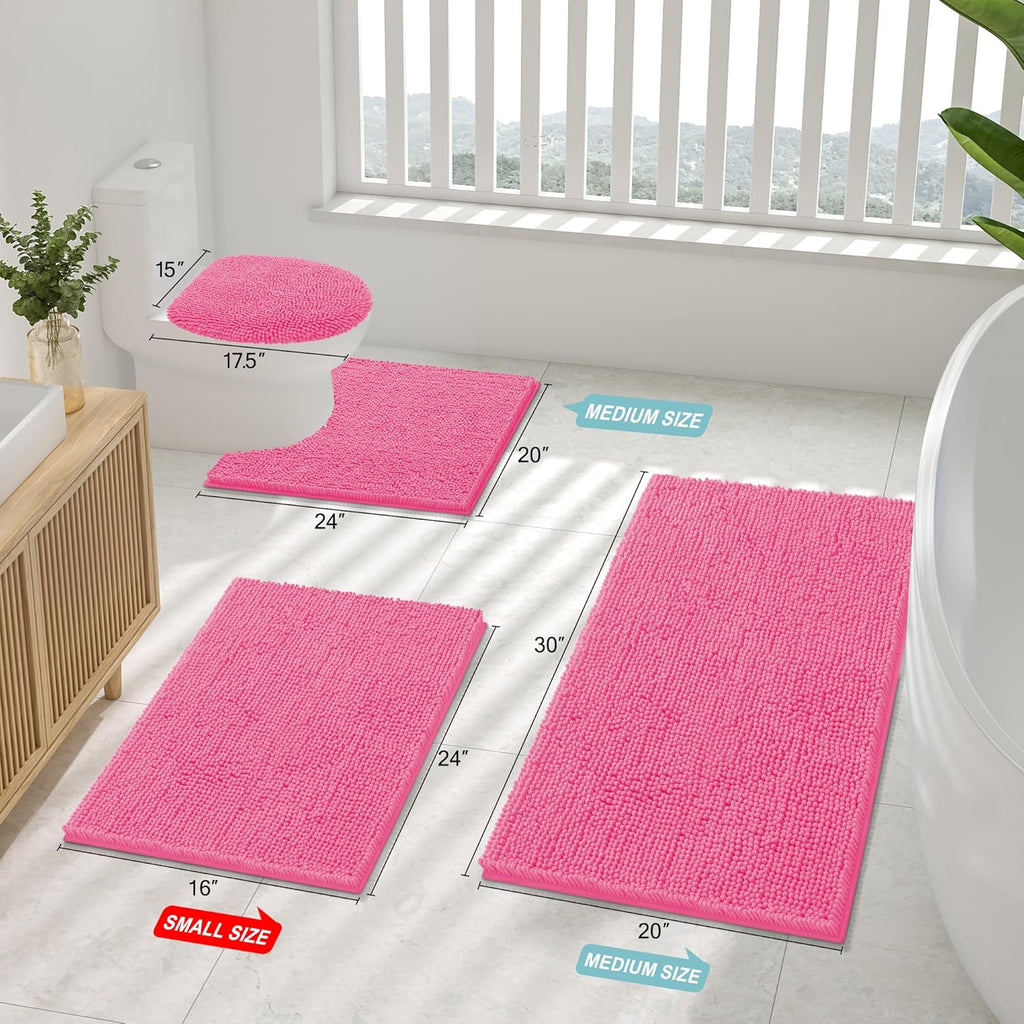 Smiry Luxury Chenille Bathroom Rugs 30x20, Extra Soft and Absorbent Shaggy Bath Mat, Machine Washable, Non-Slip Plush Carpet Runner for Tub, Shower, and Floor, Home Decor Accessories, Hot Pink