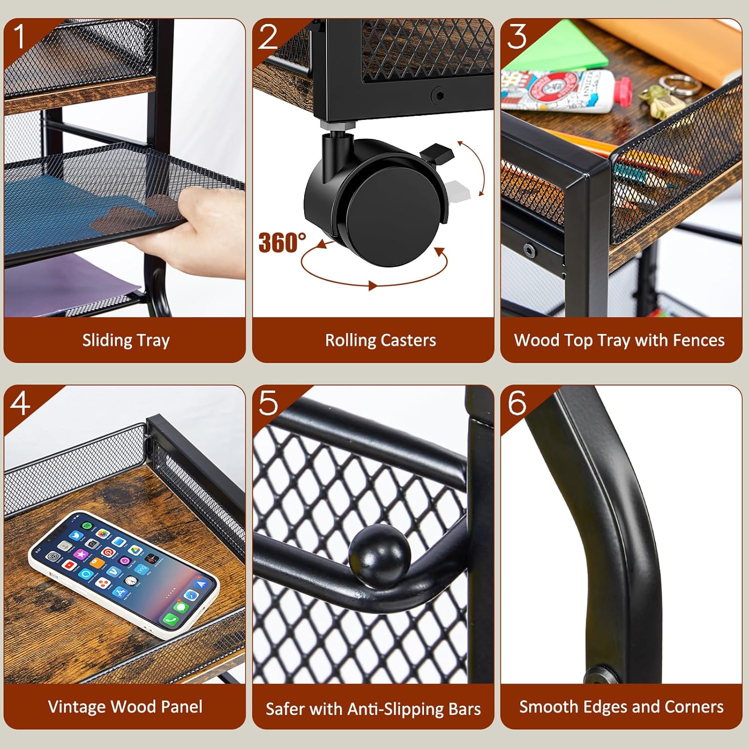 5-Tier Rolling File Cart with Hanging File Folders, Mobile Desk File Organizer on Lockable Wheels, Wood & Mesh Paper Letter Sliding Trays Organization for Office, Home, School, Patent