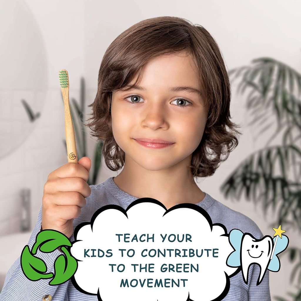 GREENZLA Kids Bamboo Toothbrushes, Natural Toothbrush Set, Soft Bristles, Durable Charcoal Wooden Brushes, Compostable Design for Toddlers and Children, 6 Pack
