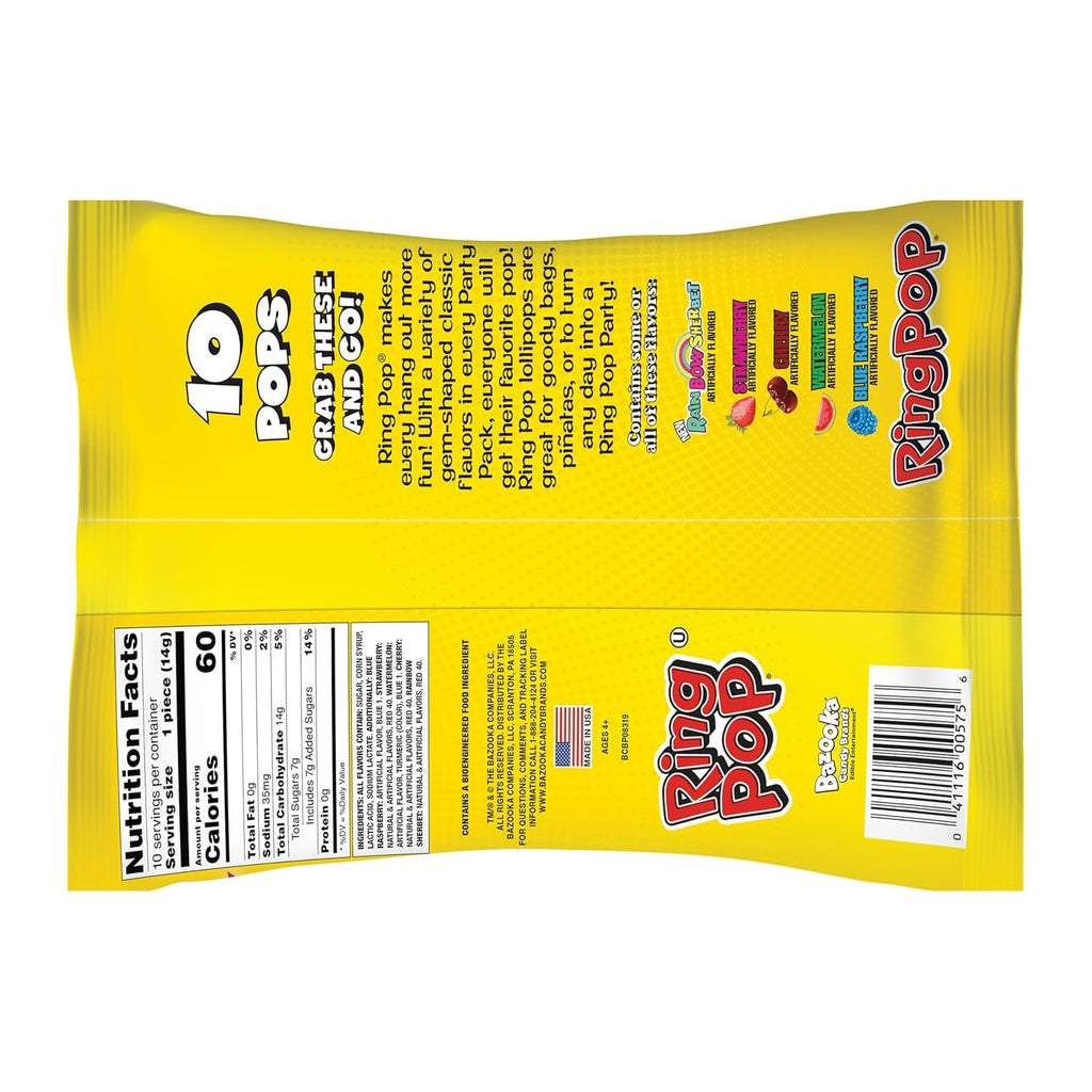 Ring Pop Individually Wrapped Bulk Lollipop Variety Pack – 10 Count Lollipop Suckers w/Assorted Flavors - Fun Candy for Birthdays and Celebrations