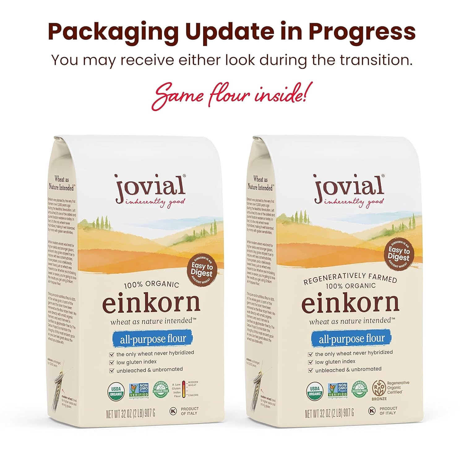 Jovial Organic Einkorn Unbleached All Purpose Flour - Bread Baking Flour for Sourdough, High Protein, Non-GMO, Organic Pizza & Pasta, European Italian, Glyphosate Free - 32 Oz