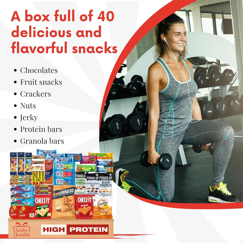 Jumbo Jumble Snack Box (40 Count) Protein Gift Care Package Snacks Variety Pack for Adults Teens Kids Men Women College Office Birthday (Protein Set)