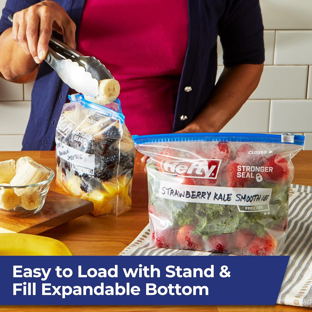 Hefty Slider Freezer Kitchen Storage Bags, Quart Size, 74 Count