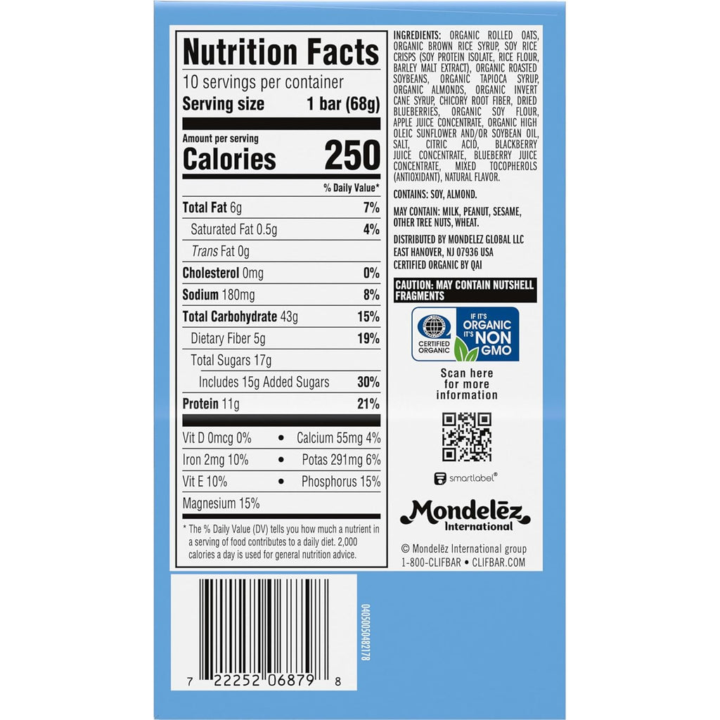 CLIF BAR - Energy Protein Bars - Blueberry Almond Crisp - Made with Organic Oats - Energy Bars - Non-GMO - (10 Pack)