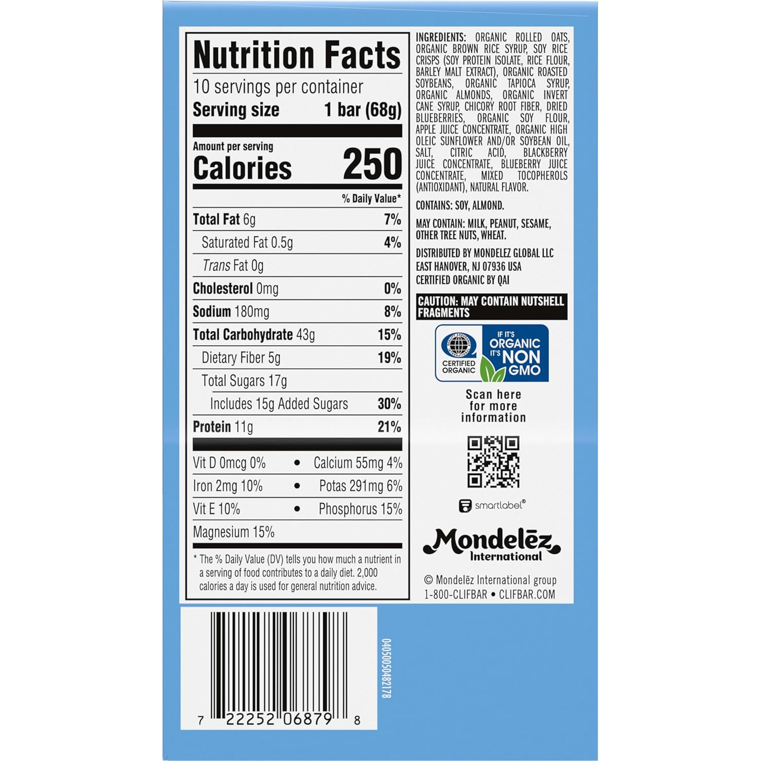 CLIF BAR - Energy Protein Bars - Blueberry Almond Crisp - Made with Organic Oats - Energy Bars - Non-GMO - (10 Pack)