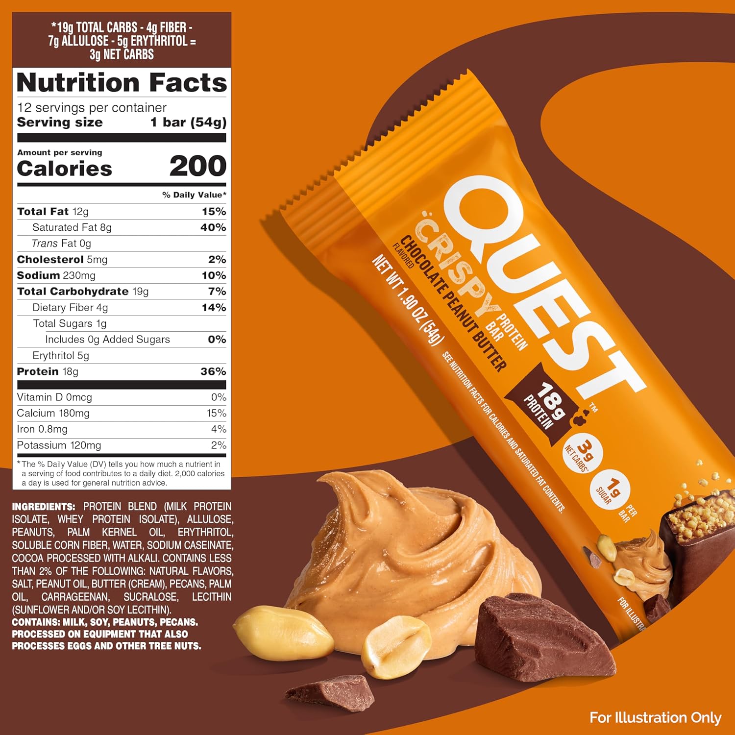 Quest Nutrition Crispy Chocolate Peanut Butter Hero Protein Bar, 18g Protein, 1g Sugar, 3g Net Carb, Gluten Free Protein Snack, Keto Friendly, 12 Count