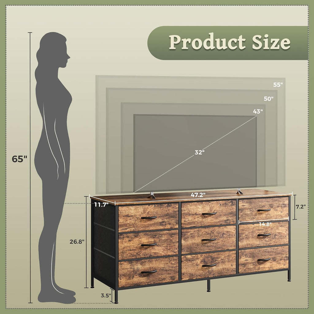 Huuger 9 Drawer Dresser, 47 Inch Dresser TV Stand for 50, 55 Inch TV, Entertainment Center with Drawers, for Bedroom, Closet, Rustic Brown