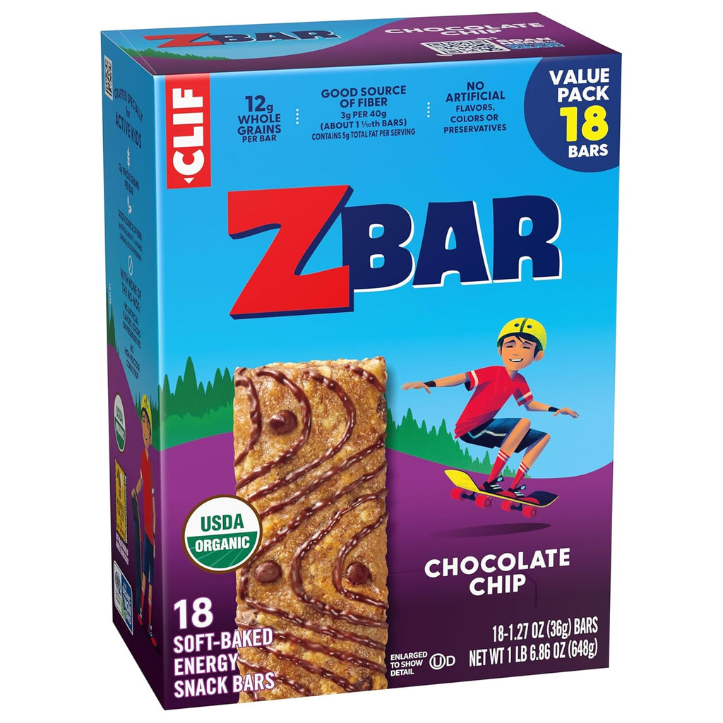 Zbar - Chocolate Chip - Soft-Baked Energy Snack Bars - Non-GMO - 12g Whole Grains - USDA Organic Granola Bars (18 Pack)