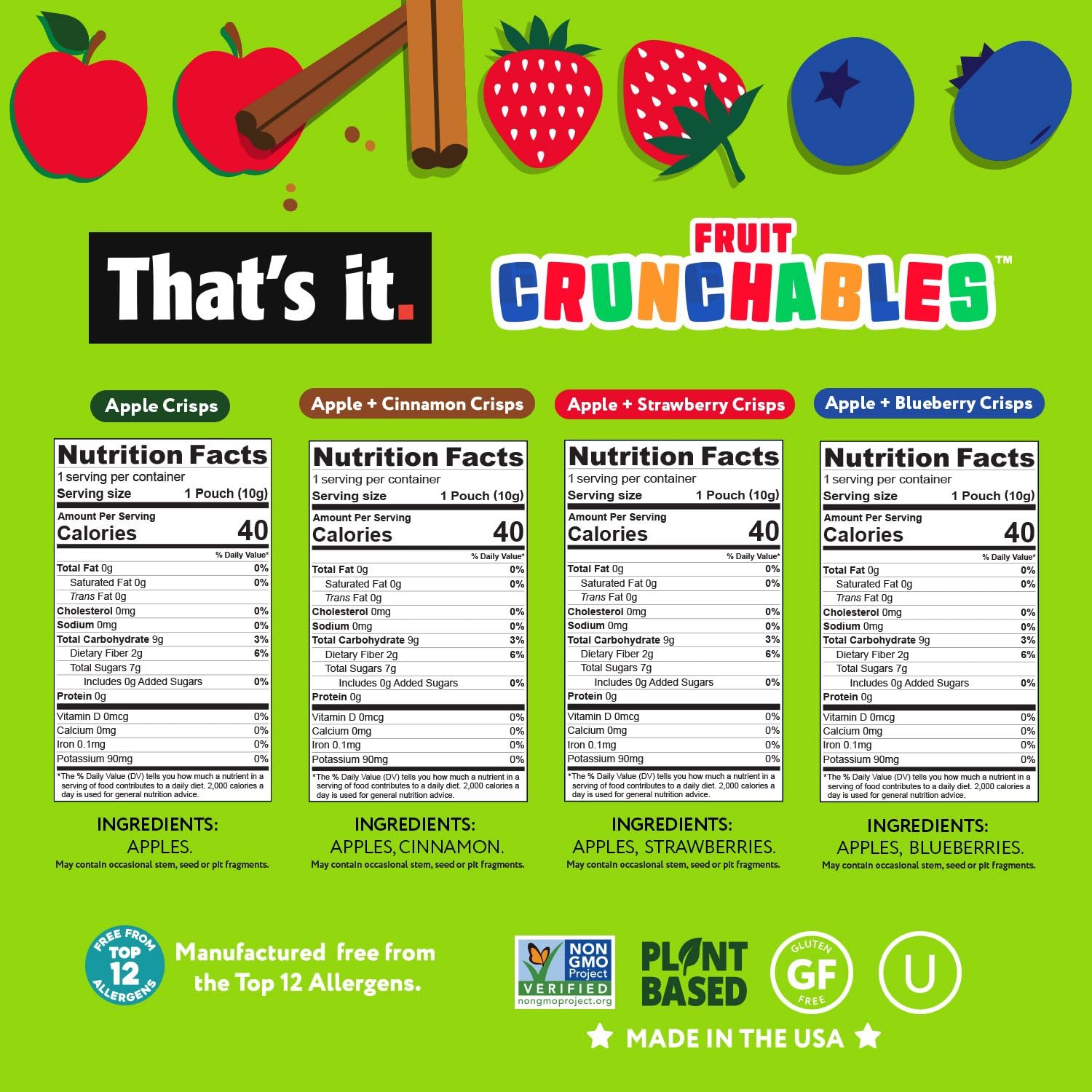 That's it. Fruit Crunchables Variety Pack, Fruit Snacks for Kids, 100% Fruit Crisps, Plant-Based, Non-GMO, Gluten-Free, No Sugar Added (16 Pack)