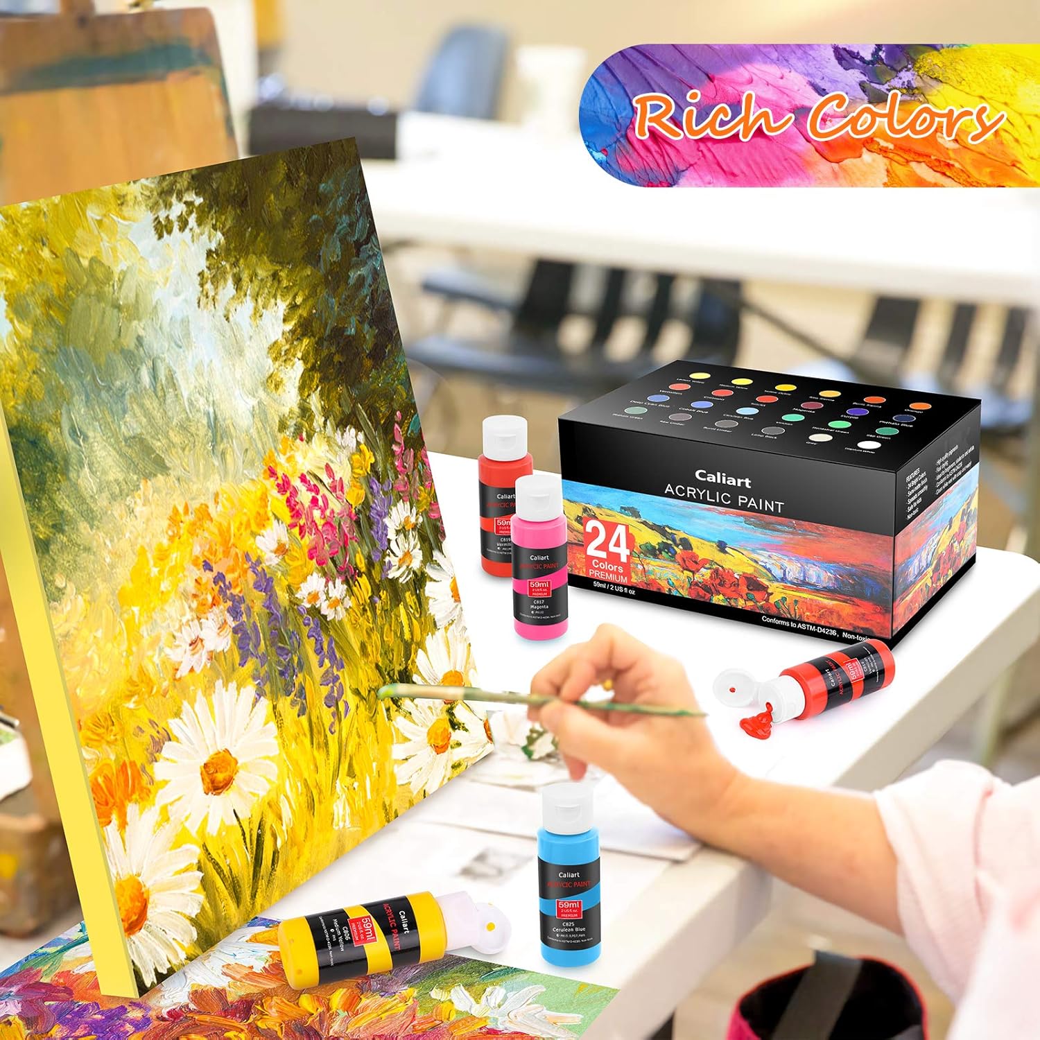 Caliart 24 Colors Acrylic Paint Set with 12 Brushes, Art Craft Paints Gifts Trendy Stuff for Adults Artists, Halloween Pumpkin Canvas Ceramic Rock Eggs Painting Kit Art Supplies