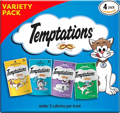 Temptations Classic Crunchy and Soft Cat Treats Feline Favorites Variety Pack, 3 oz. Pouches (Pack of 4)