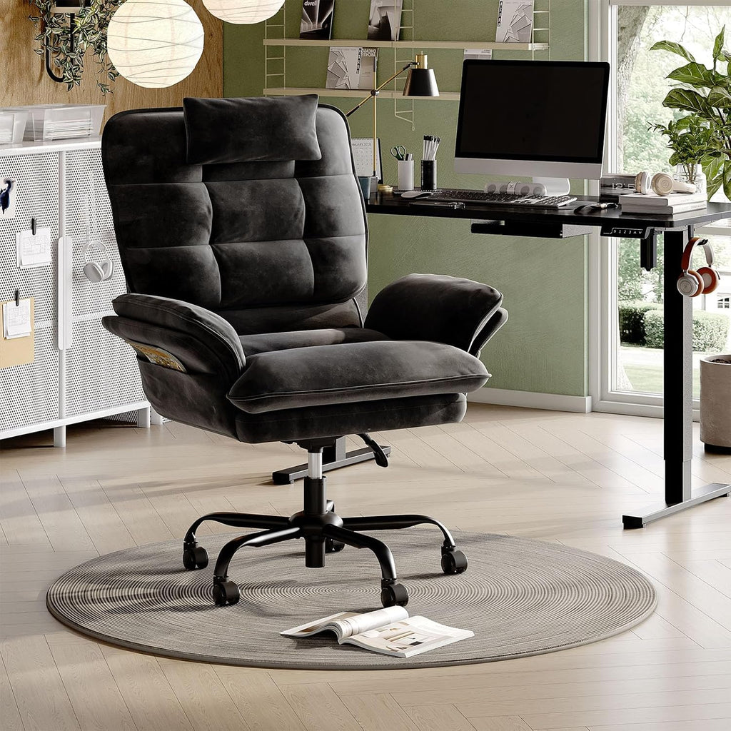 Bestier Cross Legged Office Chair, Criss Cross Chair with Adjustable Arms, 135° Reclining Velet Executive Chair with Wheels, Big and Tall Computer Desk Chair for Home, Office - Black