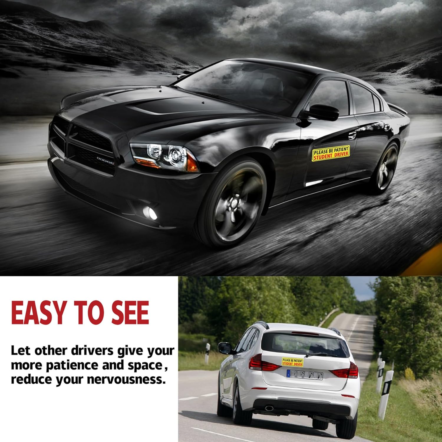 JUSTTOP 3pcs Student Driver Magnet for Car, Please Be Patient Student Driver, New Drivers Sticker Safety Warning, Magnetic Reflective Rookie Driver Bumper Sticker (Black&Red)