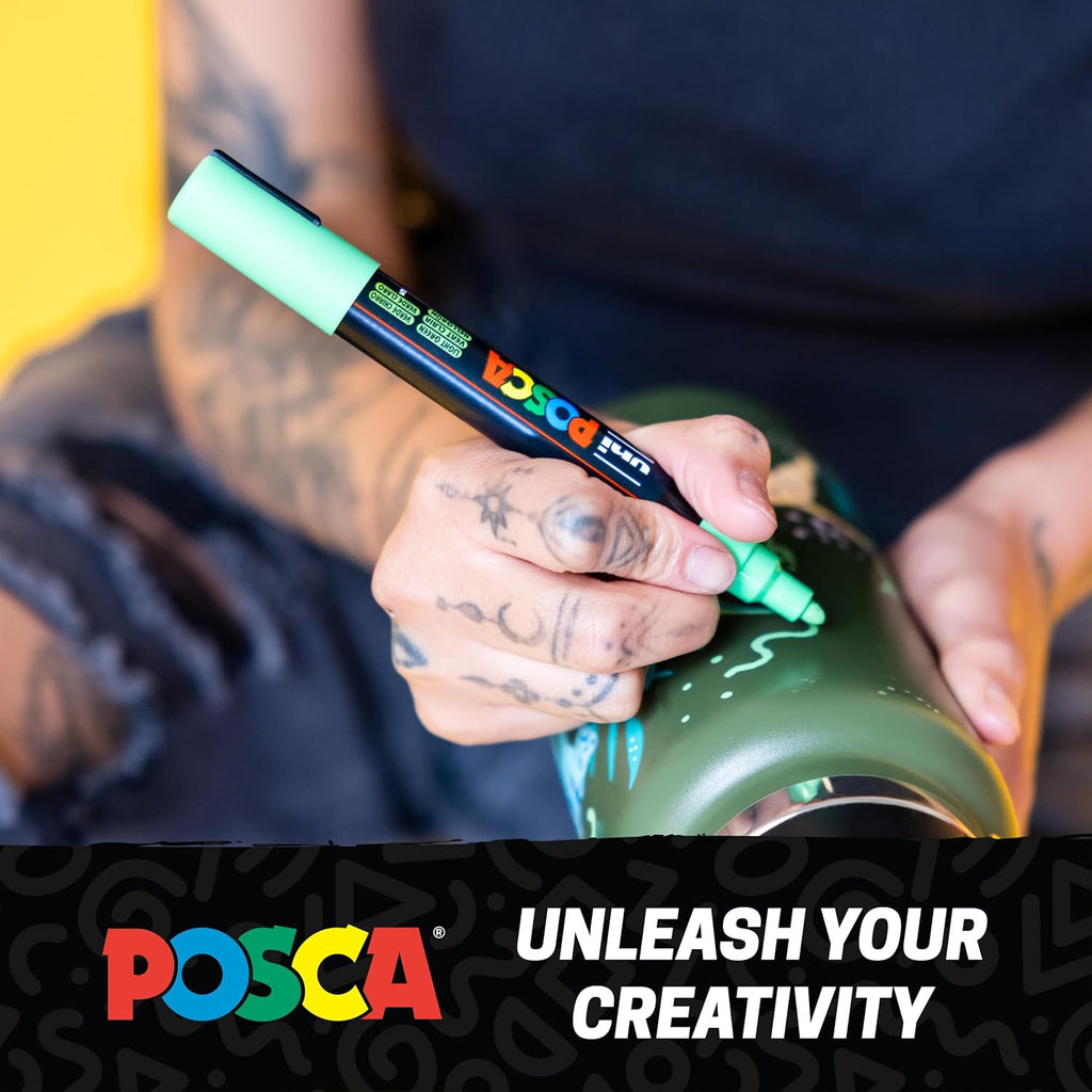 Posca Paint Art Markers, Set of 15 5M Medium Acrylic Markers with Reversible Tips, Artist Recommended Paint Pens for Gifts, Decorations, Fabric, Metal, Windows, Wood and Canvas