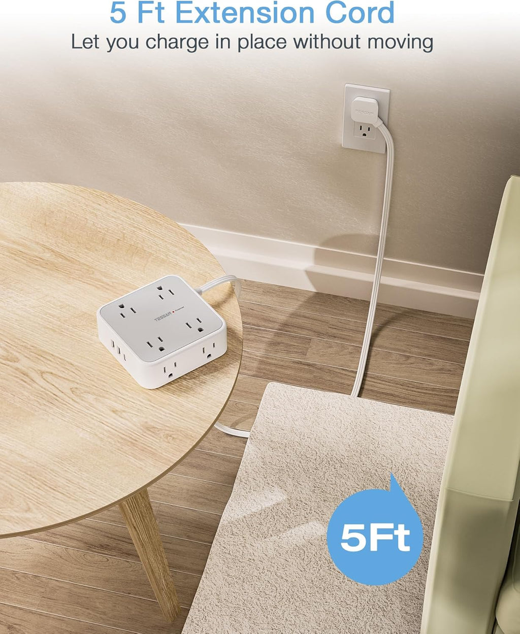 TESSAN Surge Protector Power Strip, 5 Ft Flat Plug Extension Cord with 3 USB (1 USB C) 8 Outlets, 1250W, 900J Protection, 3 Sided Outlet Extender with Power Switch for Office, Dorm Room Essentials