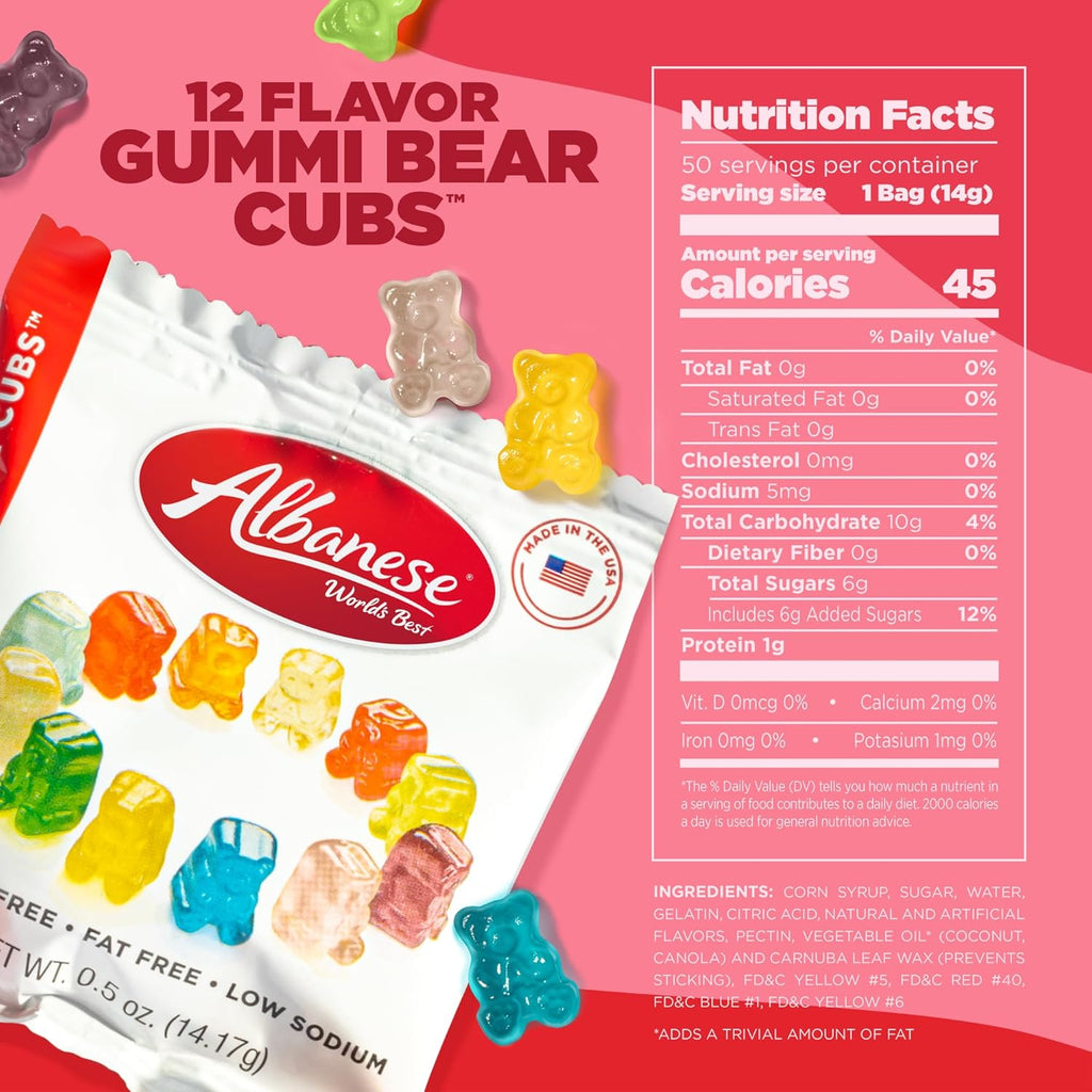 Albanese World's Best 12 Flavor Gummi Bear Cubs | 50-0.5oz Snack Packs of Candy | Miniature, Individually Wrapped, Soft Gummy |Cherry, Blue Raspberry, and More | Perfect for Kid's Classroom Parties