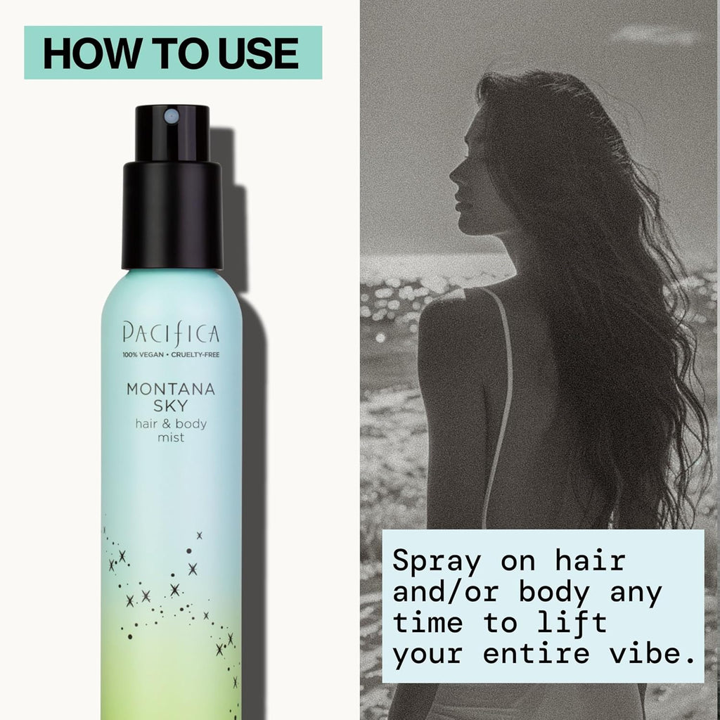 Pacifica Hair Mist Perfume & Full Body Spray for Women - Montana Sky Body Mist Fragrance w/Cedarwood, Elderflower, Black Pepper, Sage & Sandalwood Clean Beauty Alcohol-Free, Vegan & Cruelty-Free 5 oz - Cart Shape