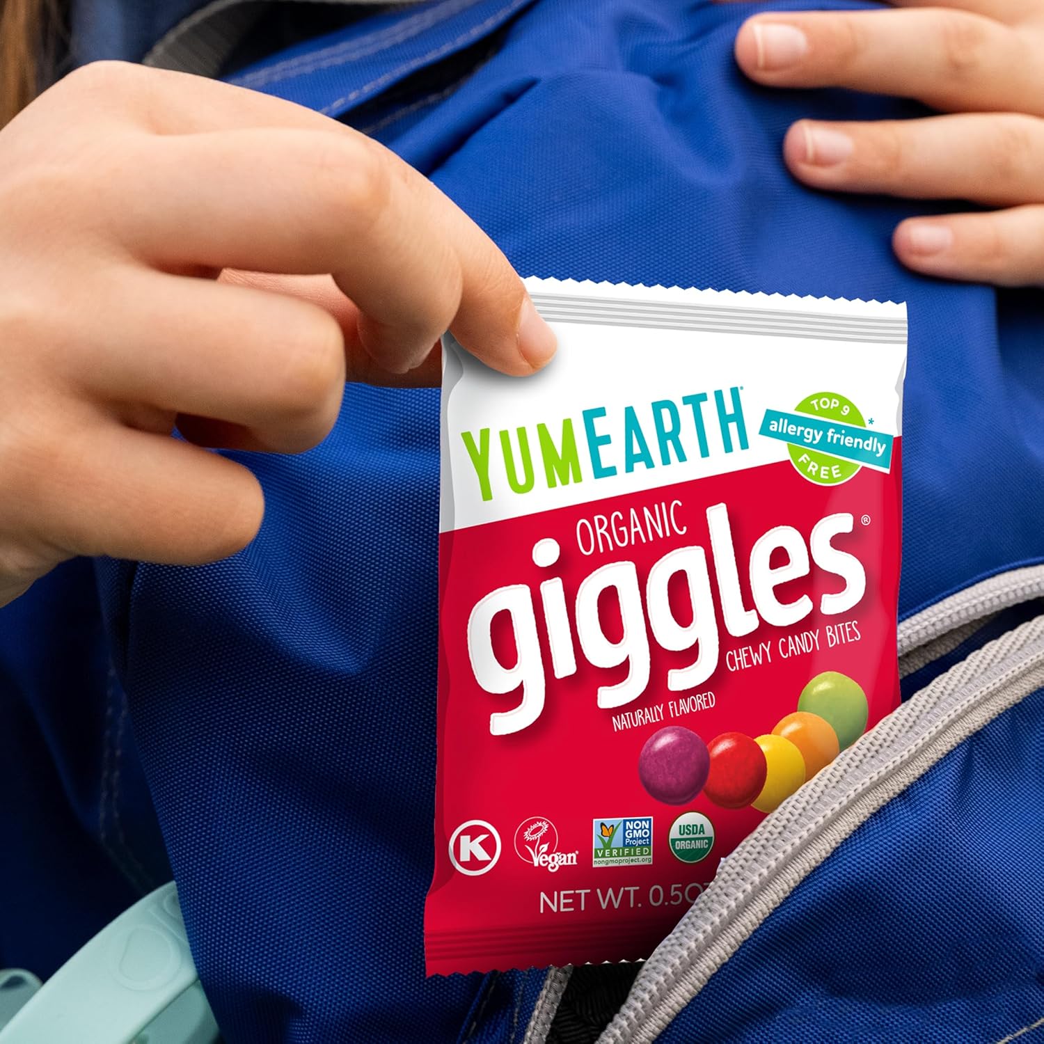 YumEarth Organic Giggles Chewy Candy - Allergy Friendly (Top 9 Free), No Artificial Dyes, Non GMO, Gluten Free, Vegan - Individually Wrapped Fruity Snack Packs - 0.5 Ounce (Pack of 10)