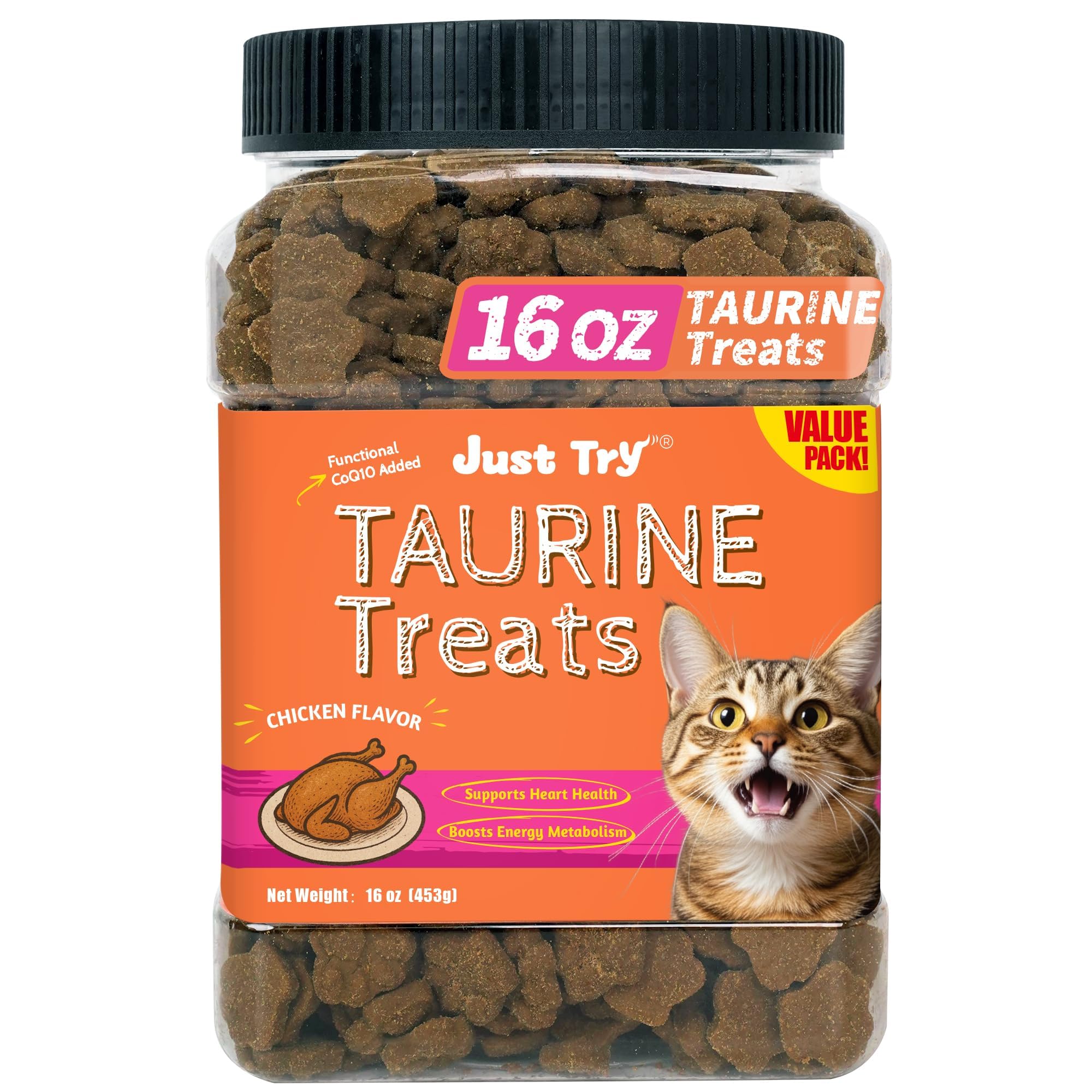 Just Try 16 OZ Taurine Treats with Coenzyme Q10 for Cats - Coq10 & Taurine for Cat to Support Feline Heart Health - Chicken Flavored Chews - Vitamins Snacks Treats