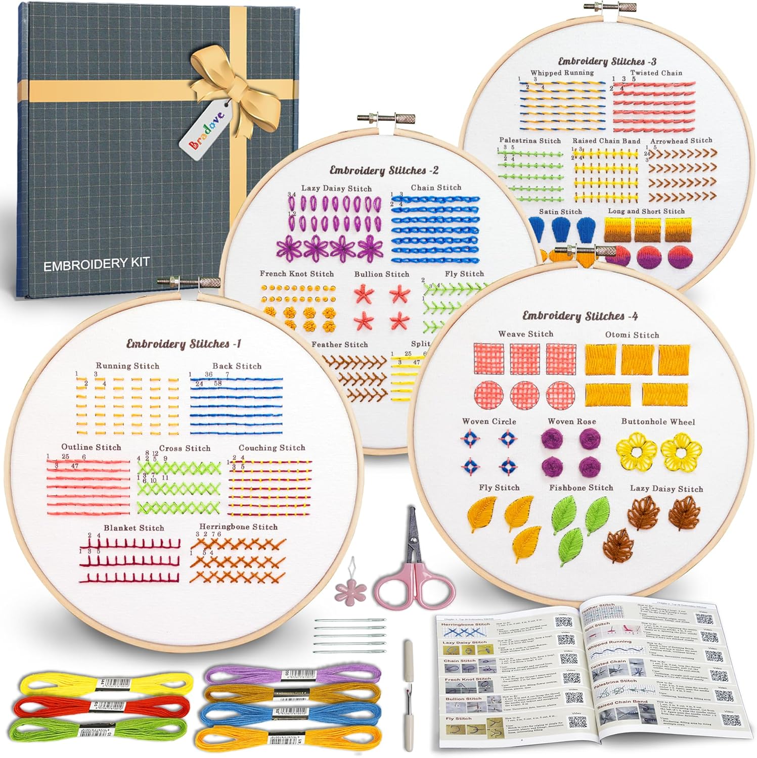Bradove Classic Embroidery Stitches Practice Kit, Embroidery Kit for Beginners, Beginner Embroidery Kit for Adults, Hand Embroidery Kit for Kids, Stitches Kit