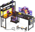 ODK 53 Inch L Shaped Desk with LED Lighting, Reversible Gaming Desk with Power Outlets, Cornor Computer Table with Storage Shelves & Bag & Iron Hook, Home Office Table for Writing, Study, Black