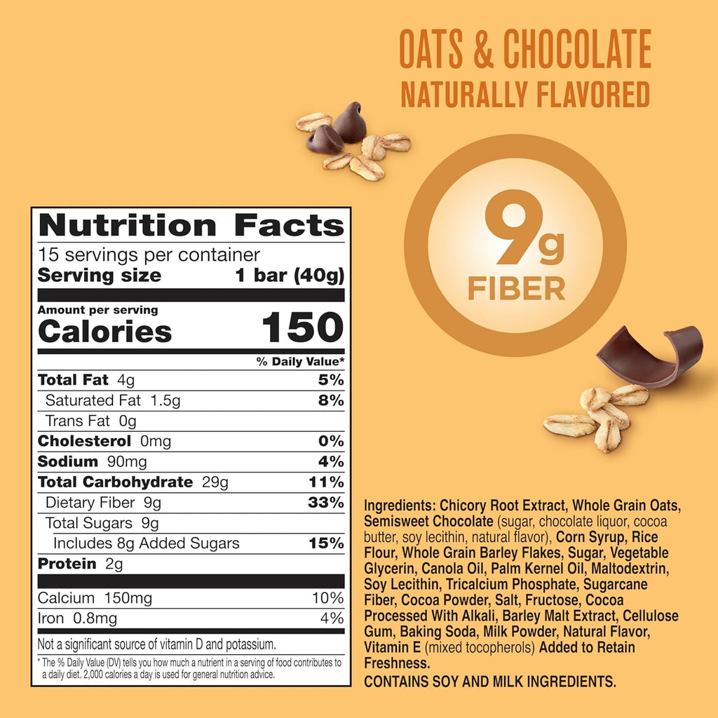 Fiber One Chewy Bars, Oats and Chocolate, Fiber Snacks, Mega Pack, 15 Ct, 21.2 oz