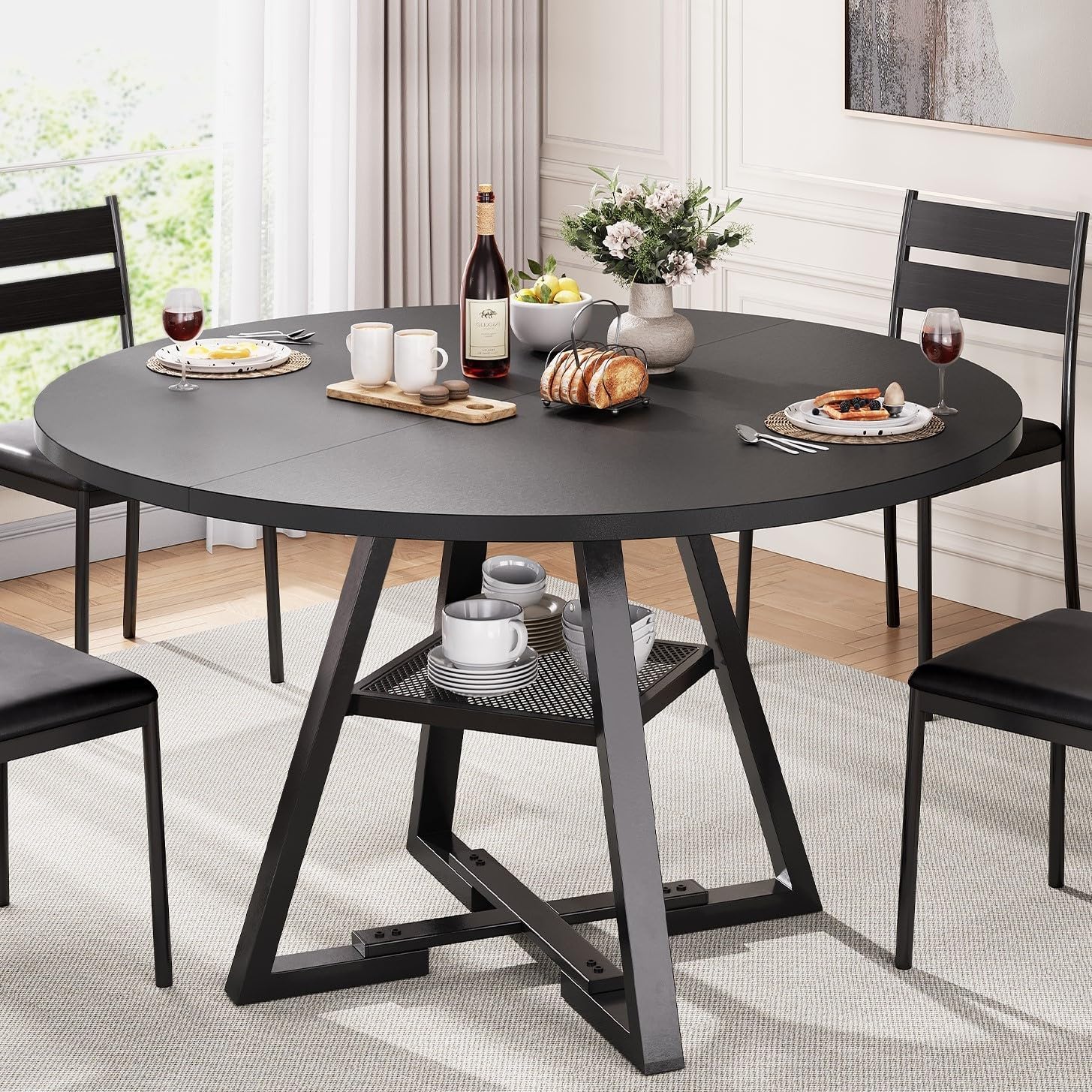 Round Dining Table for 4,Kitchen Dining Room Circle Dinner Pedestal Table,Space Saving Wood Kitchen & Dining Room Furniture (Black, 47In)