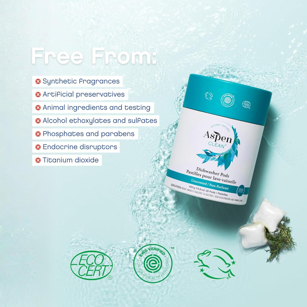 Unscented Dishwasher Pods by AspenClean, Dye-Free, Zero Plastic, EWG Verified™, Vegan, Eco-Friendly, Natural Dishwasher Detergent - 28 Count