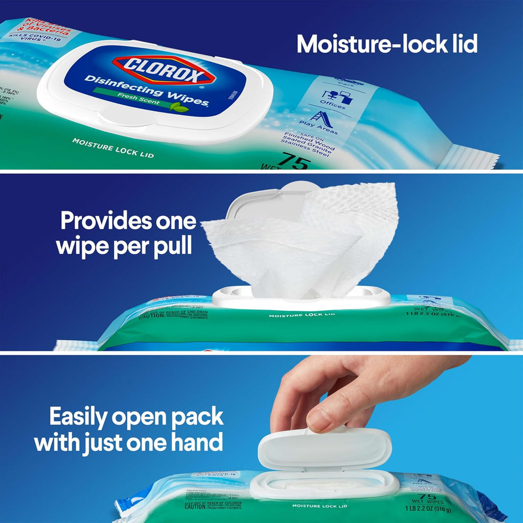 Clorox Disinfecting Wipes Flex Pack, Bleach Free, Fresh Scent, 75 Count, Pack of 3 (Pack May Vary)