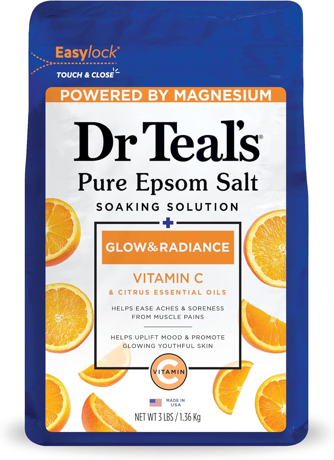 Dr Teal's Pure Epsom Magnesium Salt Soak, Glow & Radiance with Vitamin C & Citrus Essential Oils, 3 lbs