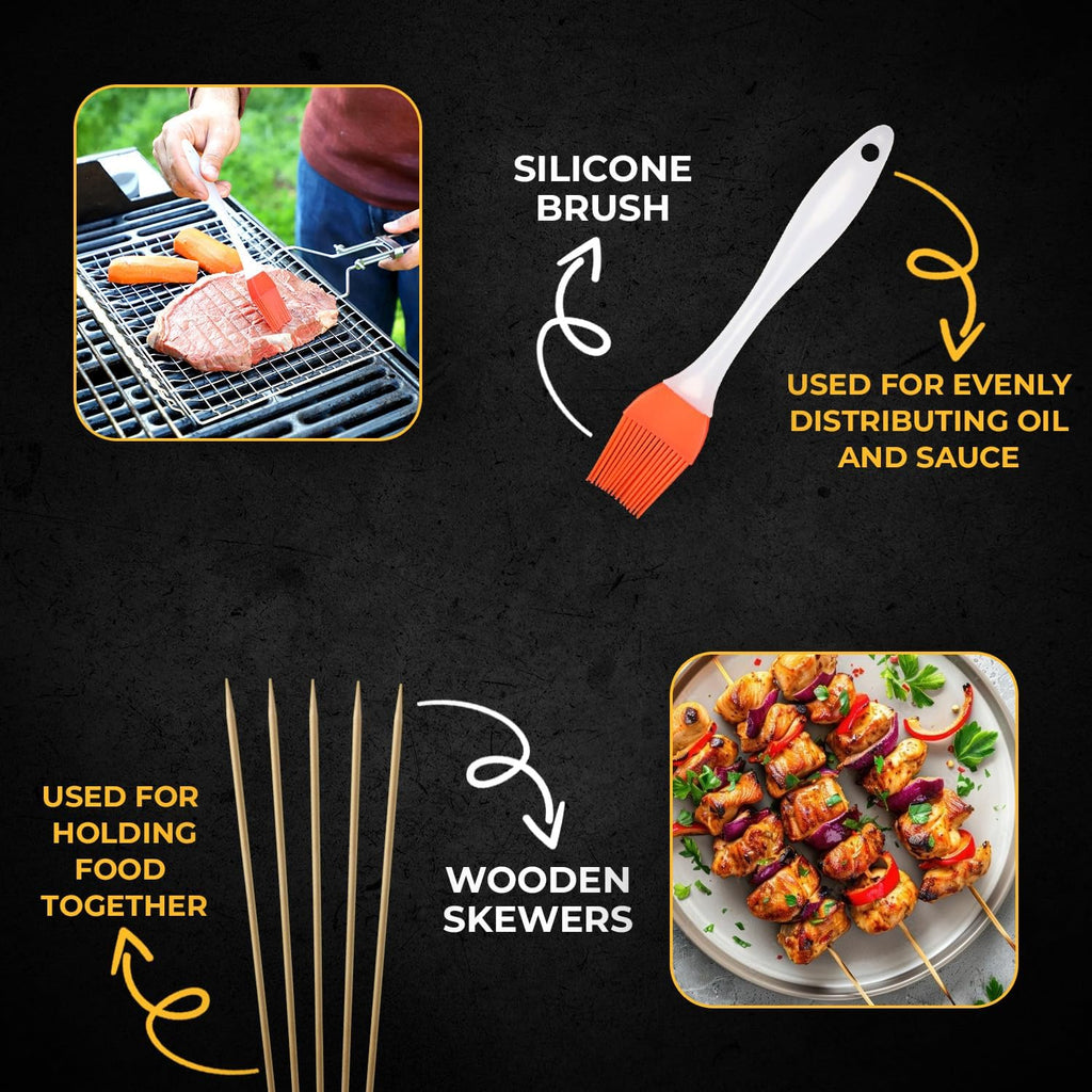 Fish Grill Baskets for Outdoor Grill Vegetables, Fish Grilling rack for Grill, BBQ Grilling Basket, Stainless steel Grill Basket for Veggies, shrimp Includes 50 skewers, Silicon Brush, and Carry Bag