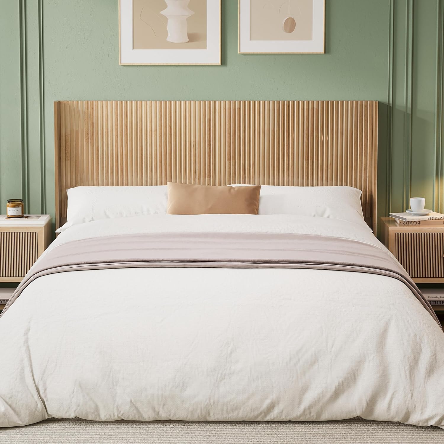 Wood Headboard Queen Size, 64.6" Wide Wooden Queen Headboard Only, Modern Farmhouse Headboards, Wall Mounted Fluted Panel, Wingback Boho Headboards, Natural
