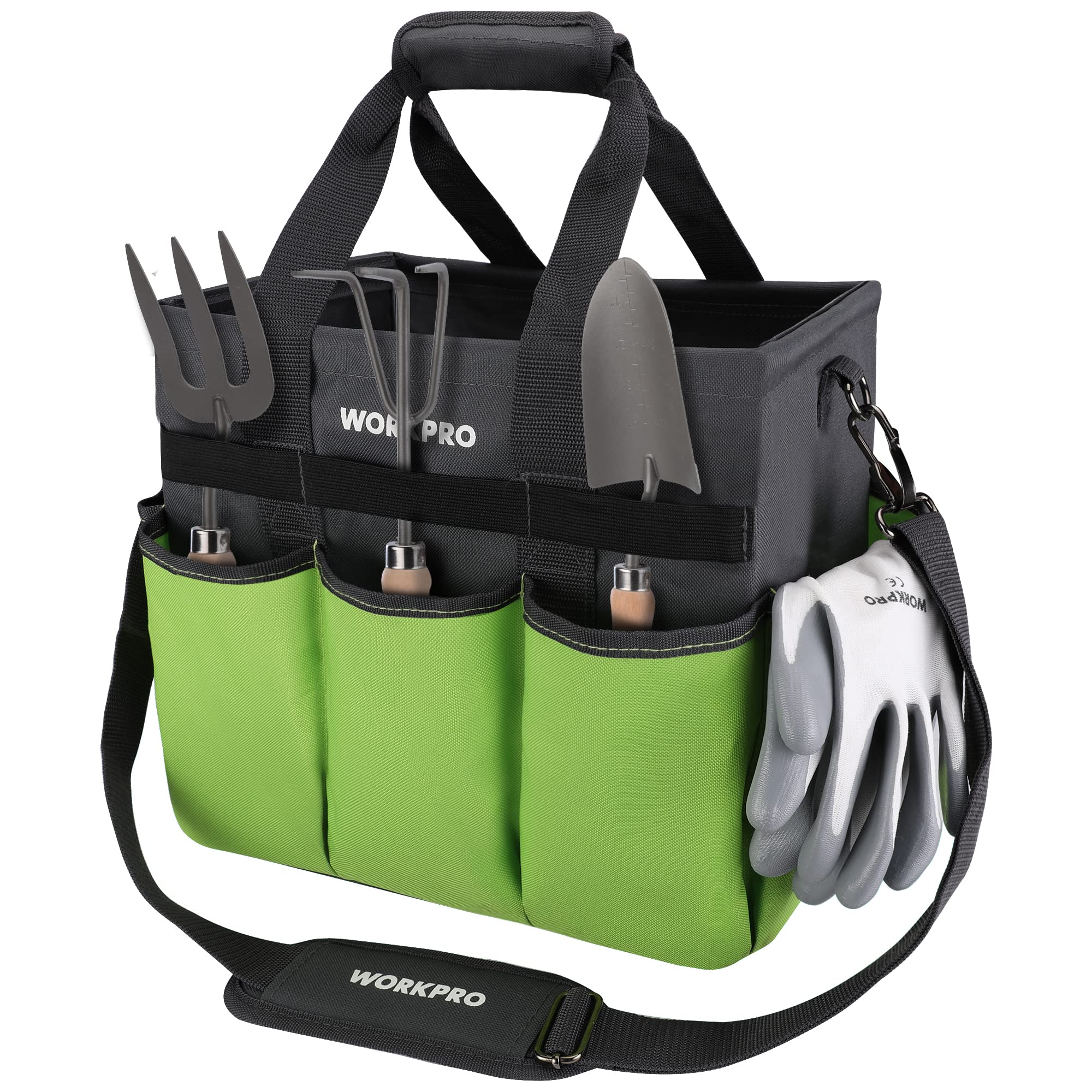 WORKPRO Garden Tool Bag, 10 Pockets and Shoulder Strap, Green | Heavy Duty Gardening Organizer Tote Bag, Standable Garden Tool Organizer (Tools not Included)