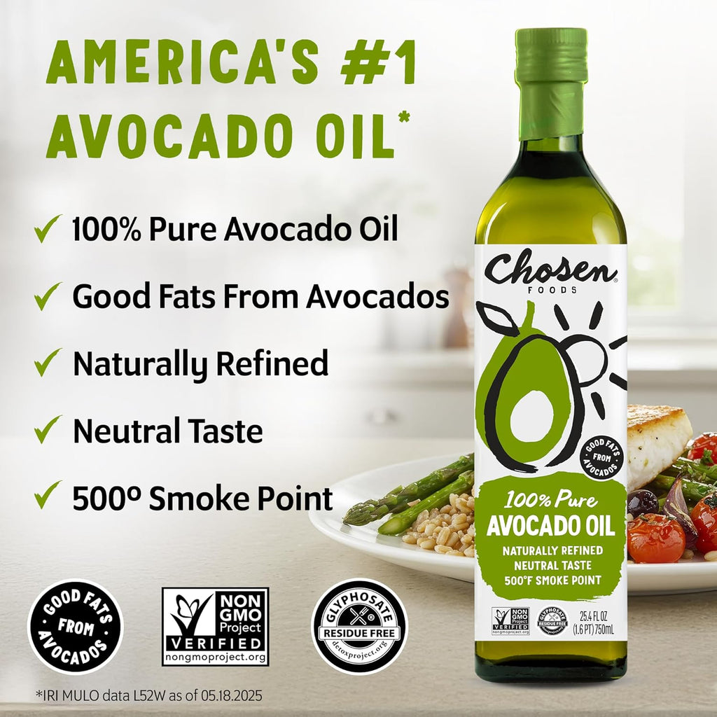 Chosen Foods Avocado Oil, 16.9 Fl Oz - All Purpose Cooking Oil made from 100% Pure Avocados - Non-GMO, Gluten-Free, Keto Friendly, Glyphosate Free - 500mL (Pack Of 1)