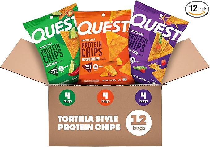 Quest Nutrition Tortilla Style Protein Chips Variety Pack, Chili Lime, Nacho Cheese, Loaded Taco, Low Carb, High Protein, Gluten Free, 1.1 oz (Pack of 12)