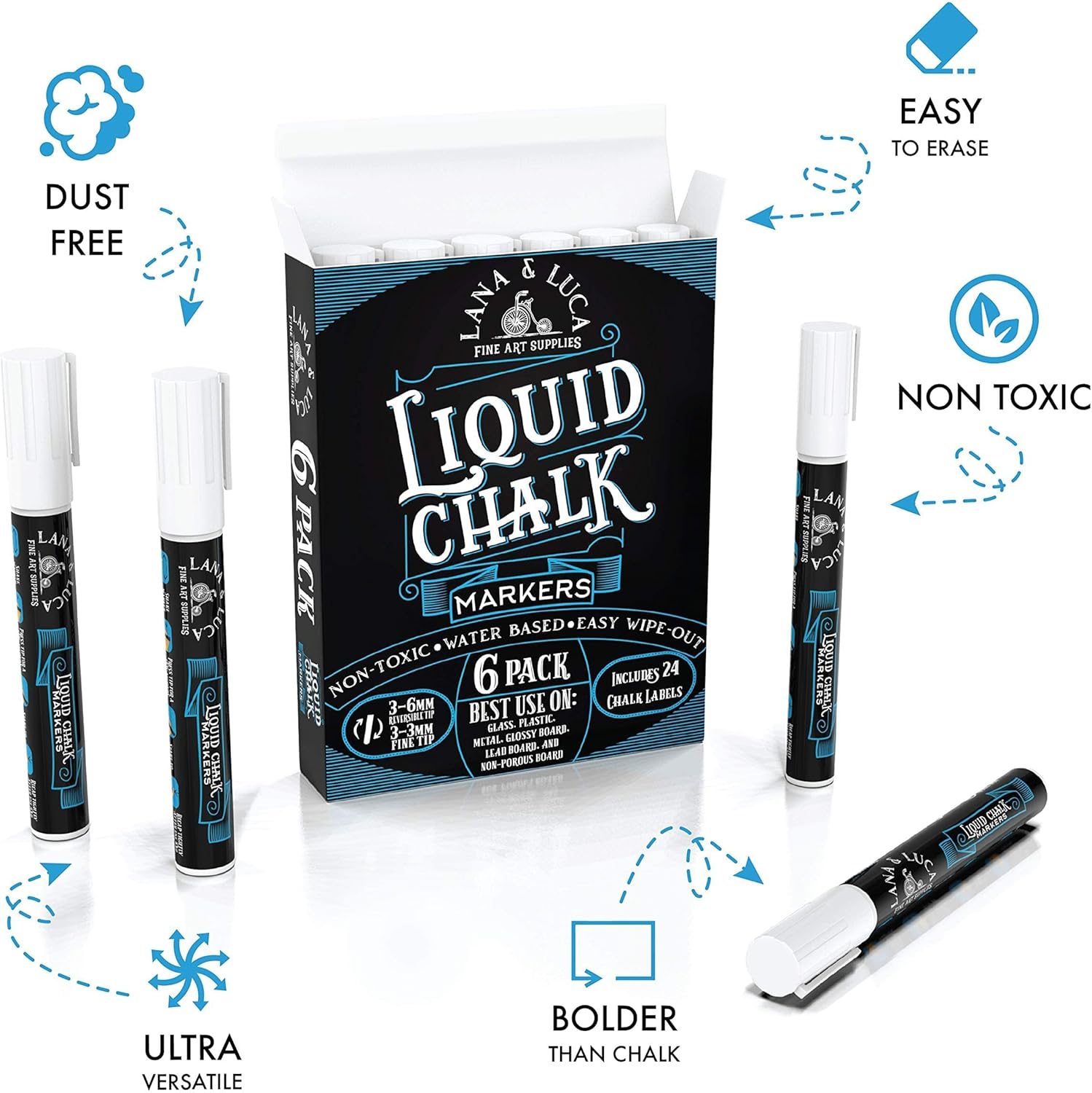 Liquid Chalk Marker Pen - White Dry Erase Marker - Chalkboard Signs, Windows, Blackboard, Glass (6 Pack) 3-6mm Reversible Tip, 3-3mm Fine Tip