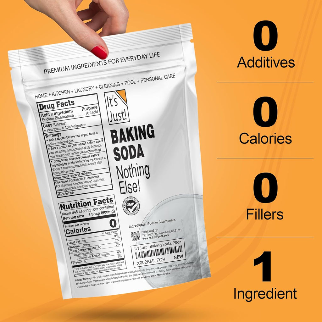 It's Just - Baking Soda, 100% Pure Sodium Bicarbonate, Food Grade, Non-GMO, Made in USA, Cooking, Baking (1.25 Pound)