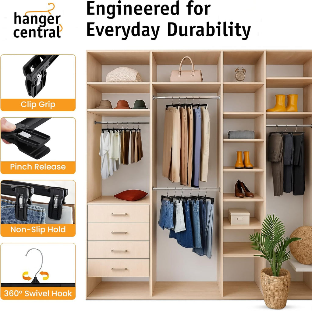 Hanger Central 30 Pack Pants Hangers – 12 Inch Slim Plastic Clothes Hangers with Clips for Skirts, Shorts & Trousers – Non Slip Grip, Heavy Duty Space Saver with Swivel Hook – Black Closet Organizer