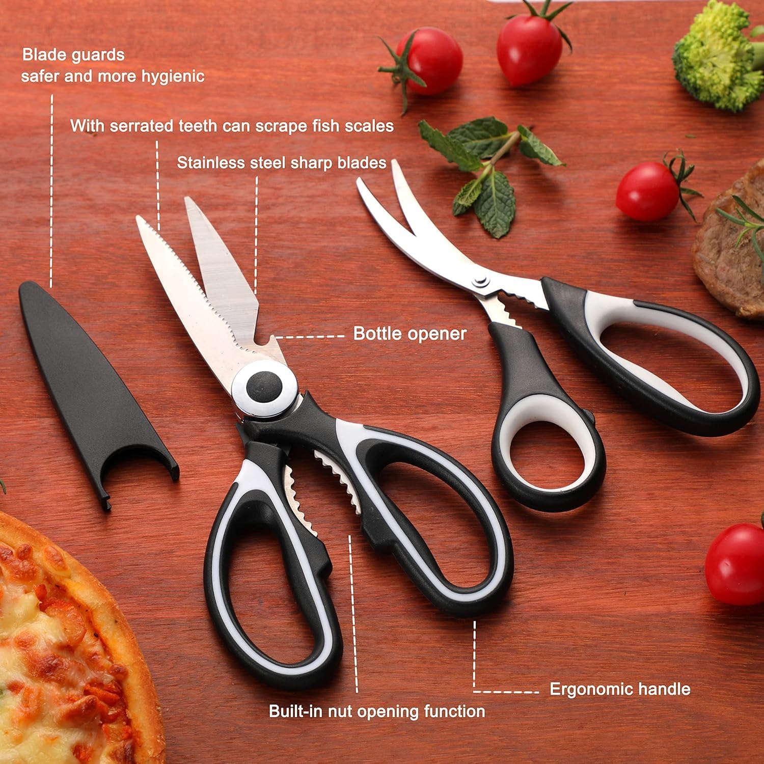 Food Grade Kitchen Scissors All Purpose 3 Pack - Heavy Duty Stainless Steel Cooking Shears for Cutting Meat, Food, Fish, Poultry Sharp Sissors for Dishwasher Safe - with Protective Sheath