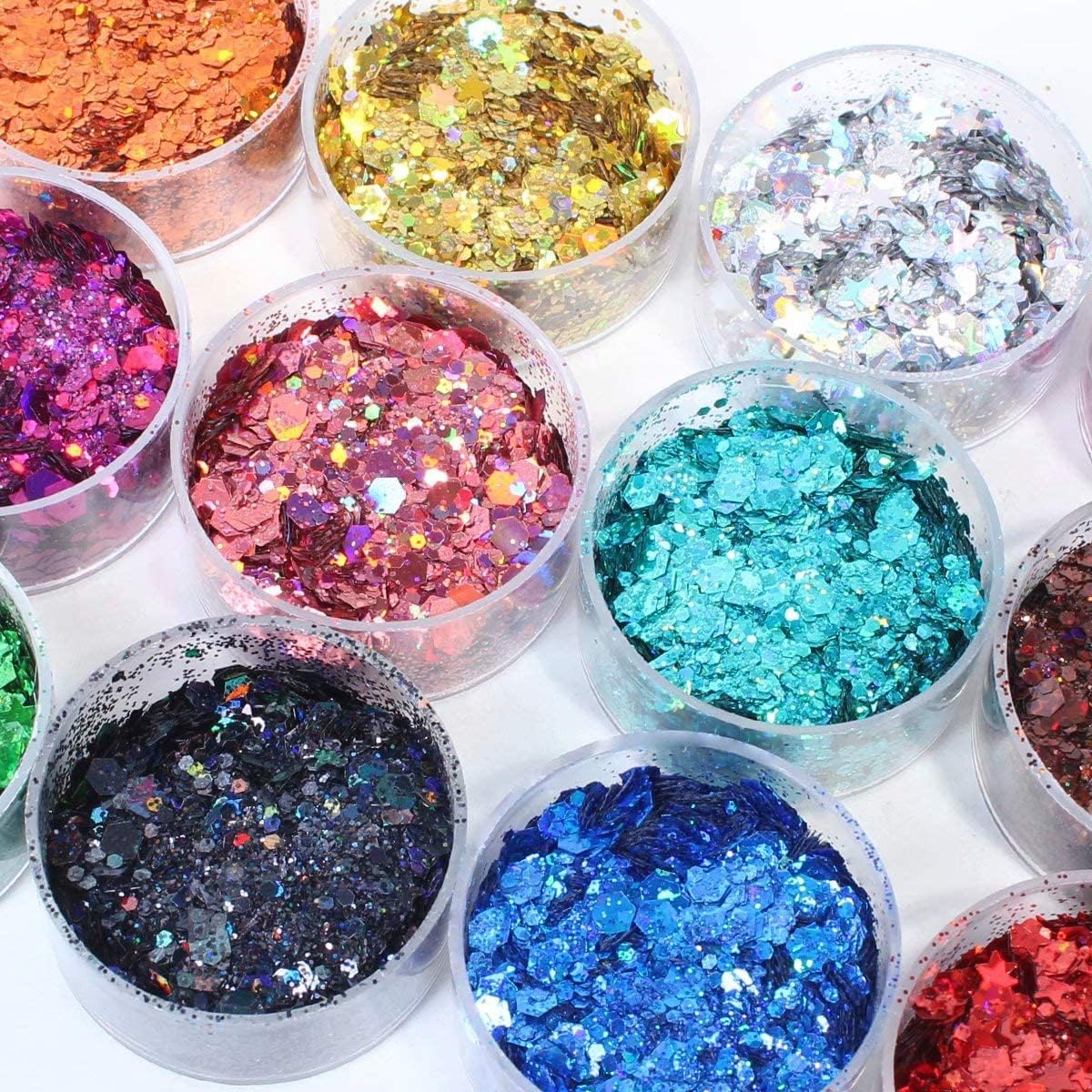 Holographic Chunky Glitter, Set of 12, Licool Craft Glitter for Resin Art Crafts, Cosmetic Glitter for Nail Body Face Eye, Epoxy Resin Sequin Flake Sparkle for Slime Tumbler Jewelry Making