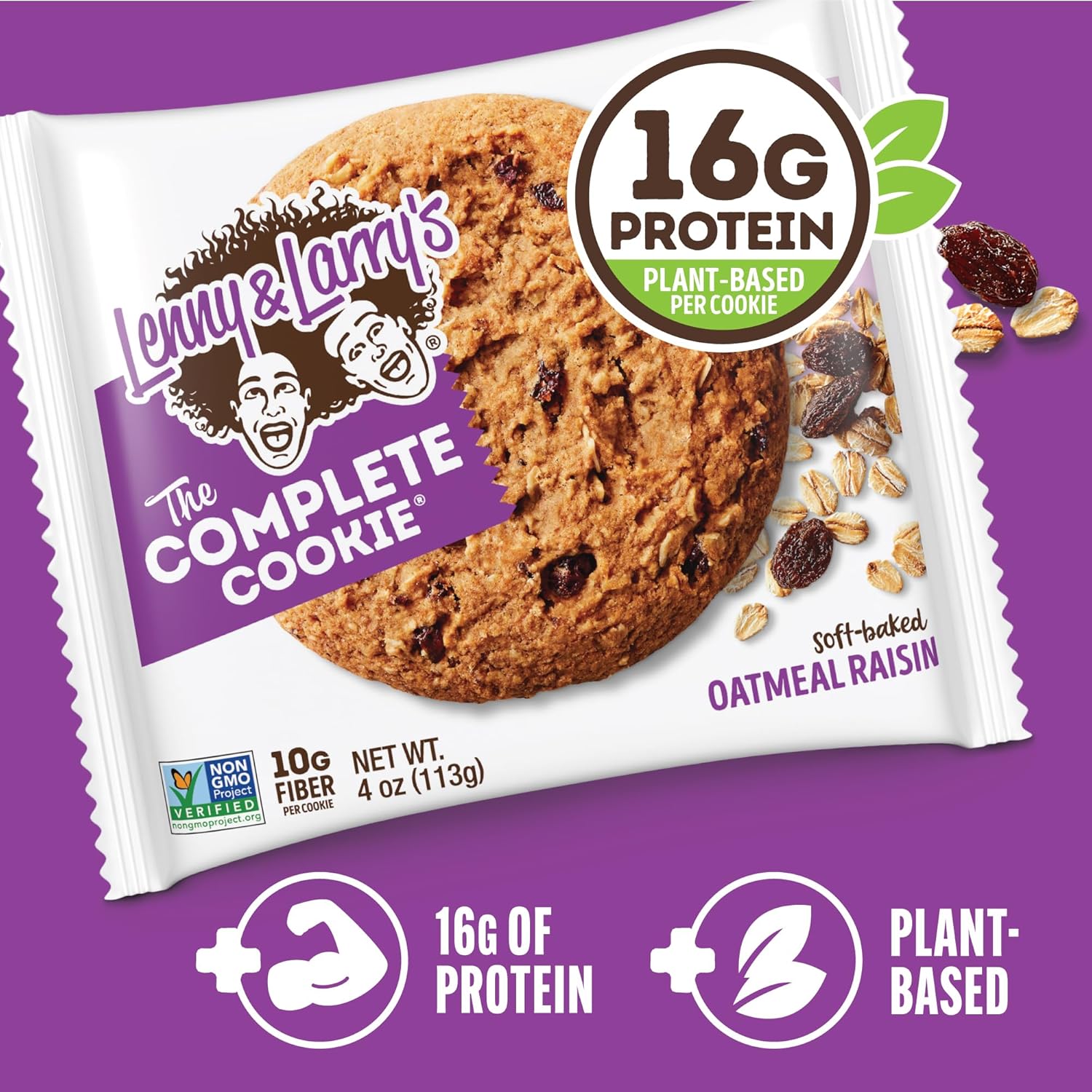 Lenny & Larry's Complete Protein Cookie, [Oatmeal Raisin], Chewy Soft Baked, 16g Plant Protein, Vegan, Non-GMO, High Fiber, [4 Ounce] Cookie (Pack of 12)
