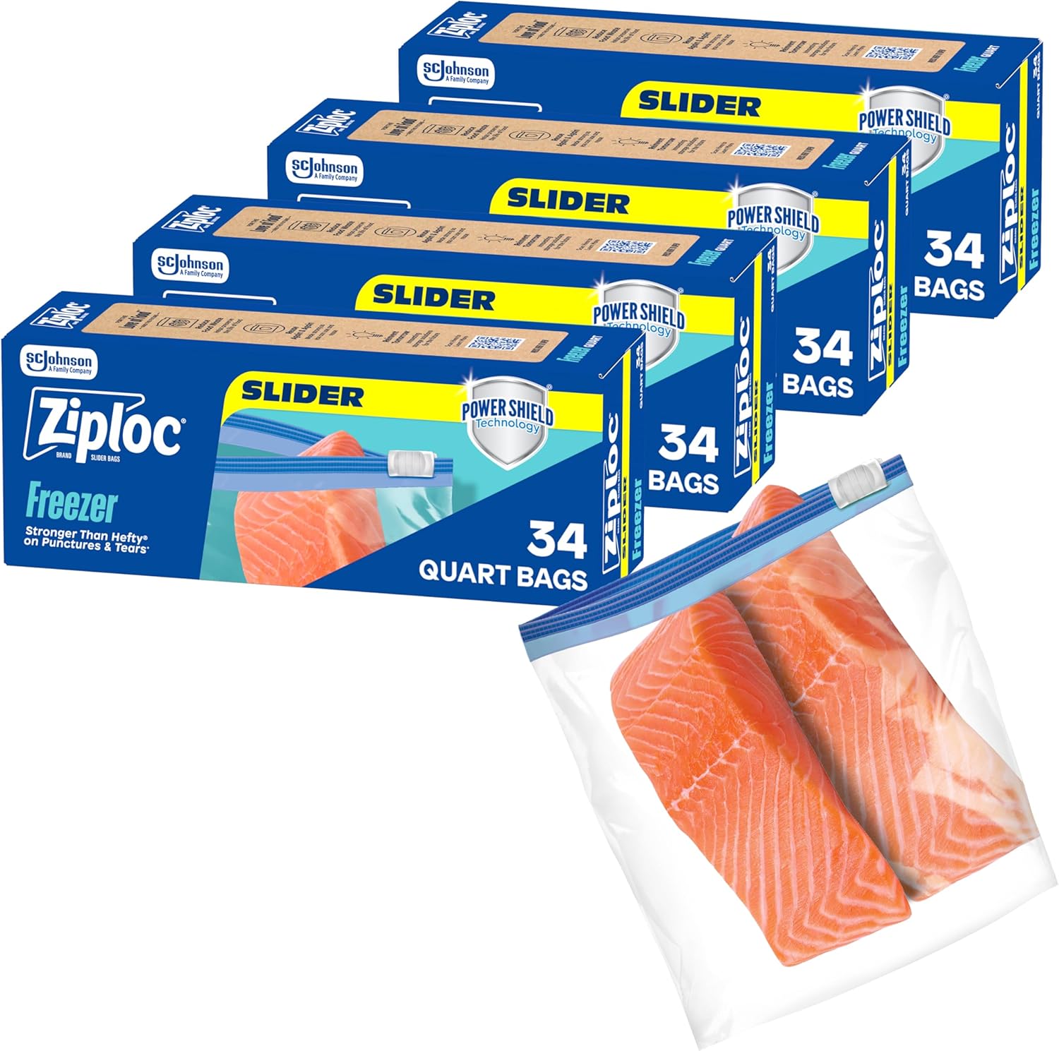Ziploc Quart Food Storage Freezer Slider Bags, Power Shield Technology for More Durability, 34 count, 4 Pack, 136 Total (Packaging May Vary)