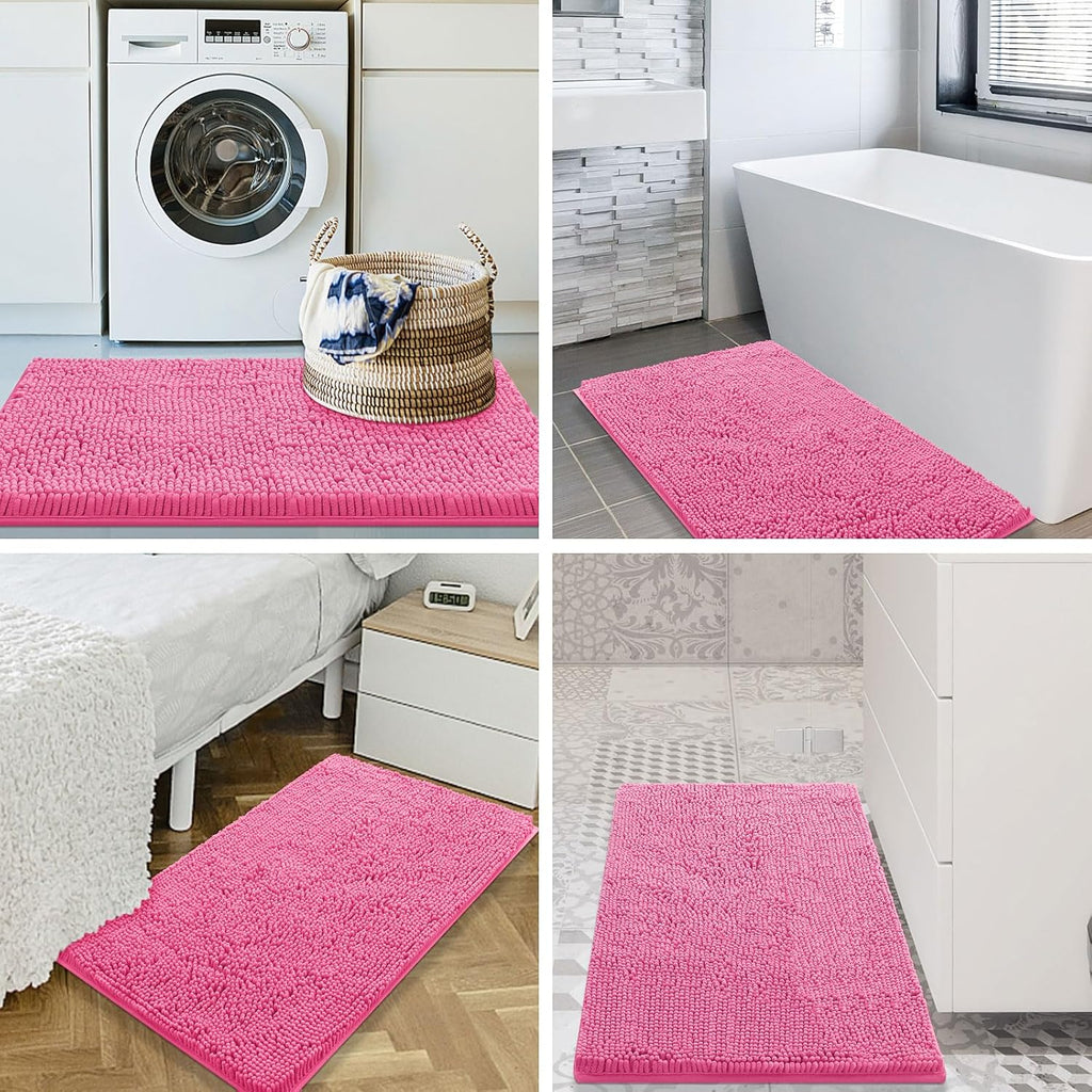 Smiry Luxury Chenille Bathroom Rugs 30x20, Extra Soft and Absorbent Shaggy Bath Mat, Machine Washable, Non-Slip Plush Carpet Runner for Tub, Shower, and Floor, Home Decor Accessories, Hot Pink