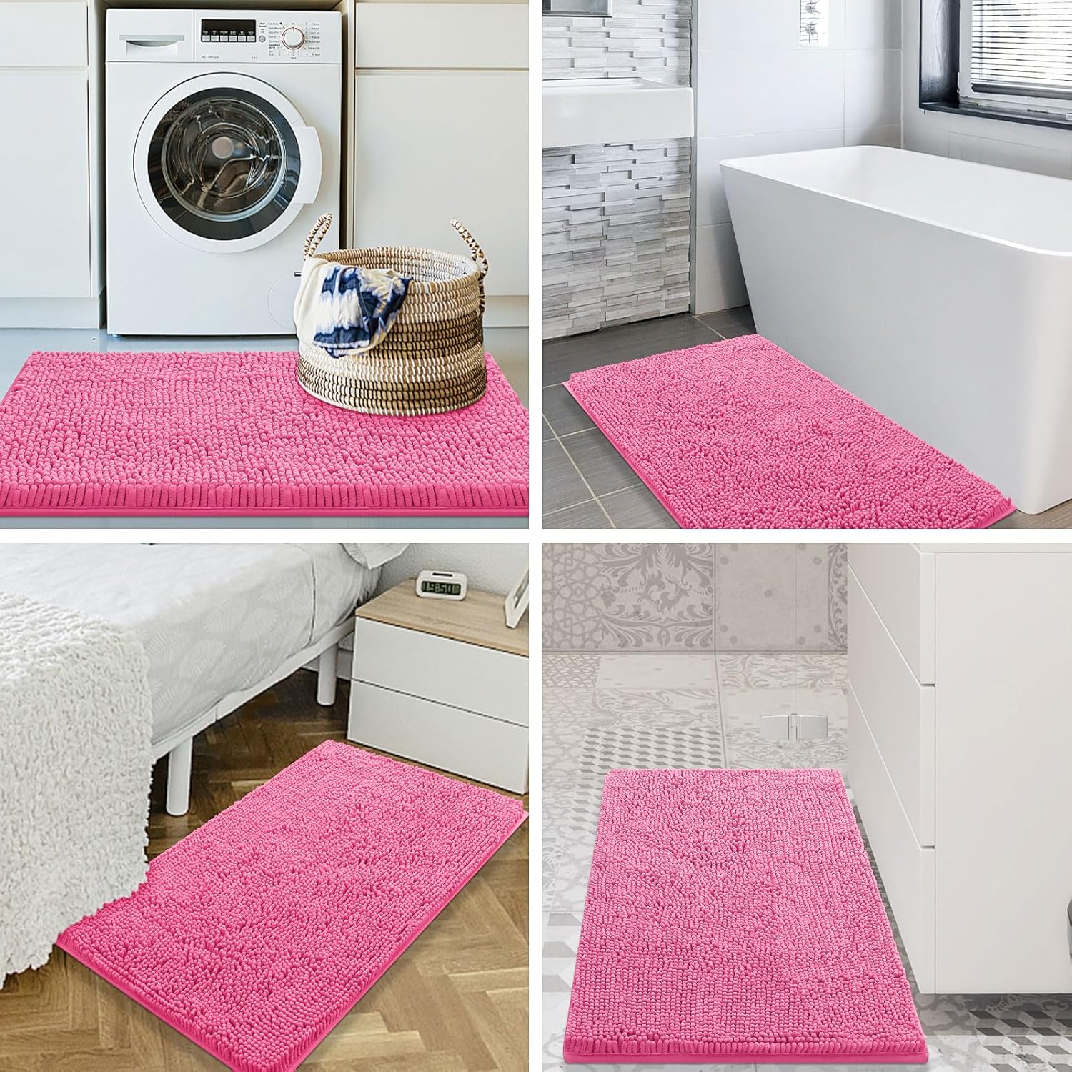 Smiry Luxury Chenille Bathroom Rugs 30x20, Extra Soft and Absorbent Shaggy Bath Mat, Machine Washable, Non-Slip Plush Carpet Runner for Tub, Shower, and Floor, Home Decor Accessories, Hot Pink
