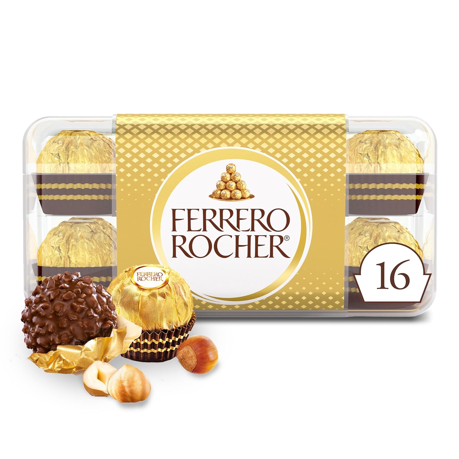 Ferrero Rocher Gourmet Hazelnut Milk Chocolate Gift Box, 16 Individually Wrapped Chocolates for Gifting, 7 oz