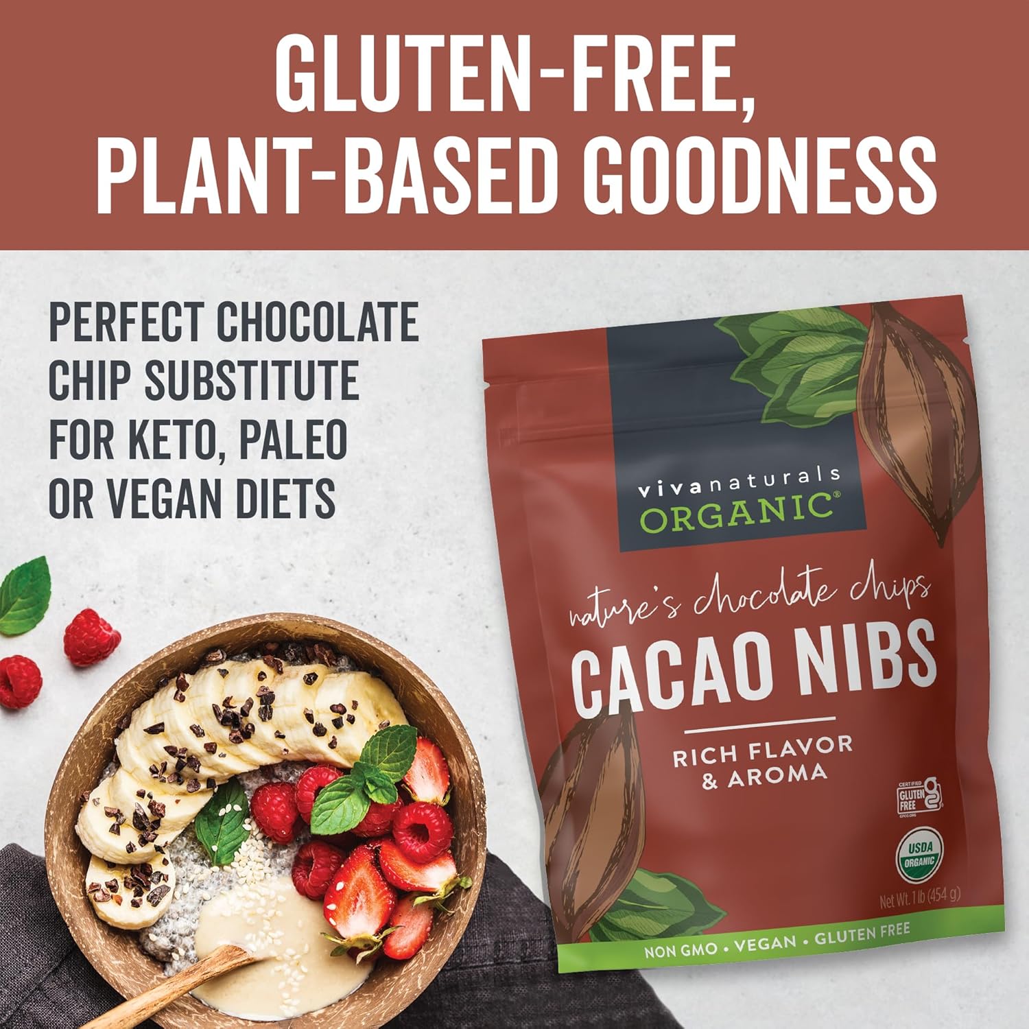 Viva Naturals Organic Cacao Nibs, Unsweetened, 1 LB (454 g), Keto Friendly, Vegan, Non-GMO, Gluten-Free Chocolate Chip Substitute