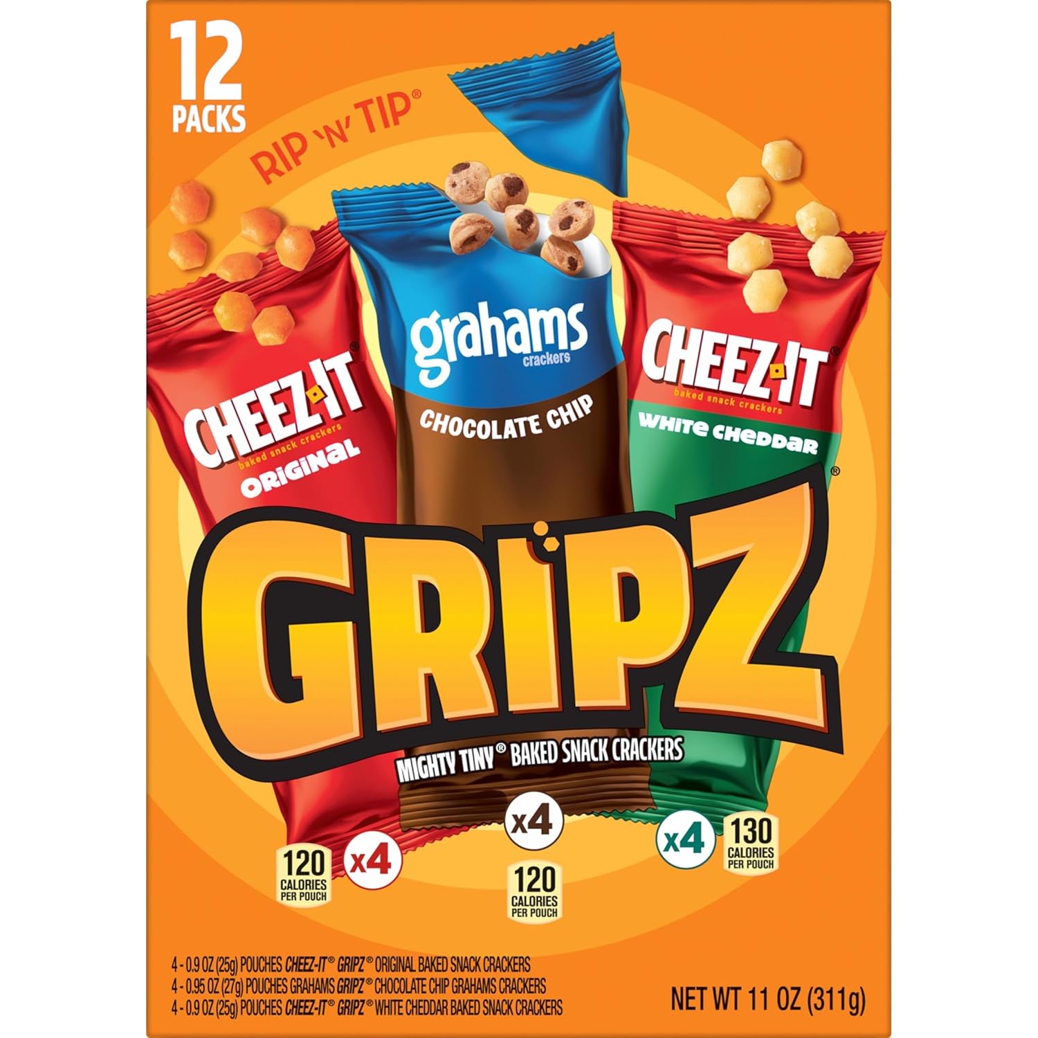 Gripz Mini Baked Snack Crackers, Sweet and Salty Snacks, Variety Pack, 11oz Box (12 Pouches)