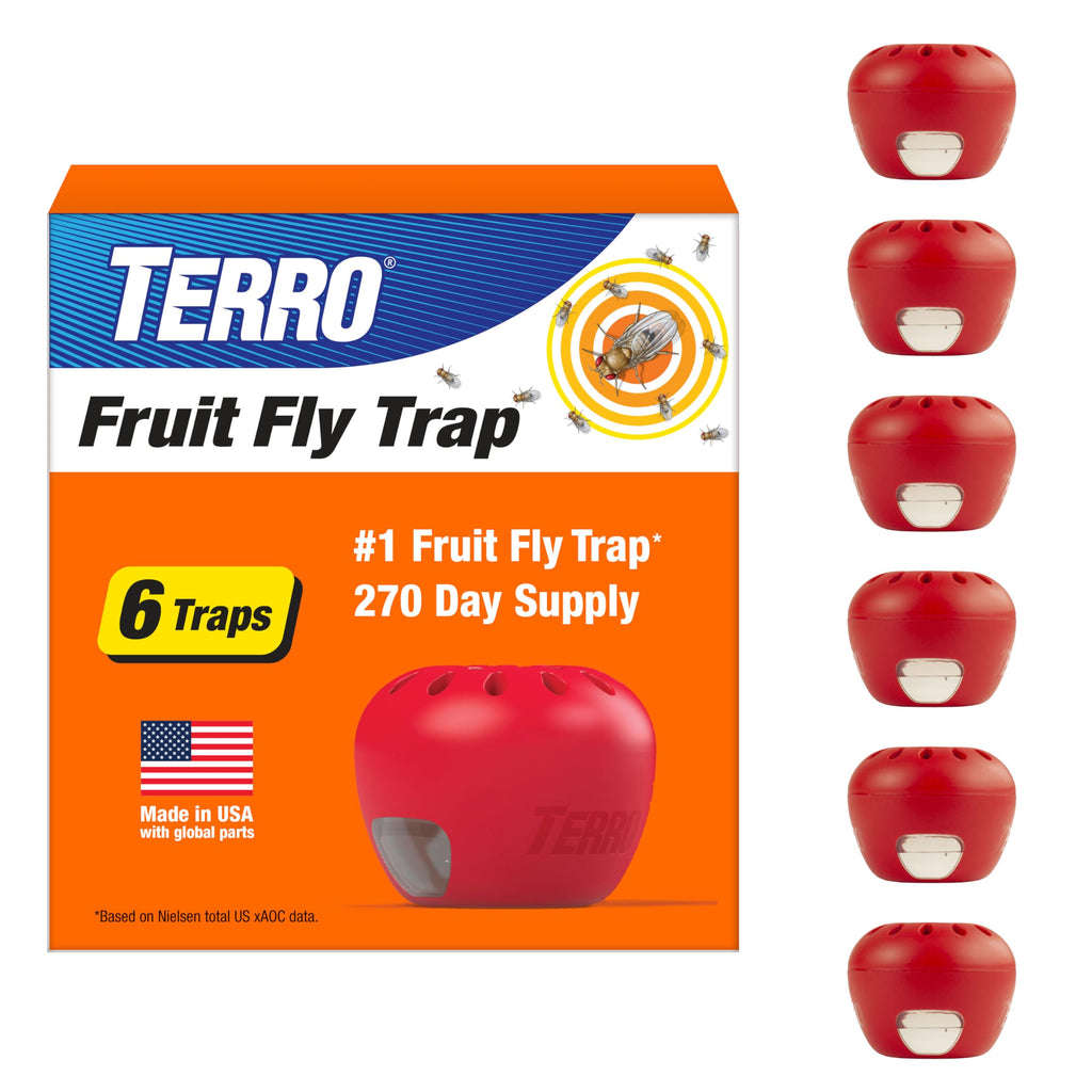 TERRO Fruit Fly Trap, 6-Pack Indoor Fly Traps with 270 Days Lure Supply | Apple-Shaped Design for Kitchen Counters, Fruit Bowls, Trash Cans, Food-Based Lure, Indoor Pest Control, Fruit Fly Killer