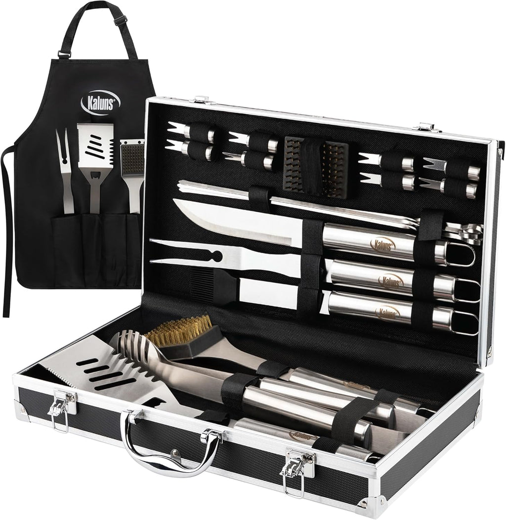 Kaluns Grilling Accessories, Gifts for Men Christmas Grilling Gifts for Dad, Heavy Duty Stainless Steel BBQ Grill Tools Set for Outdoor Grill with Aluminum Case and Apron, Birthday Gifts for Men Dad