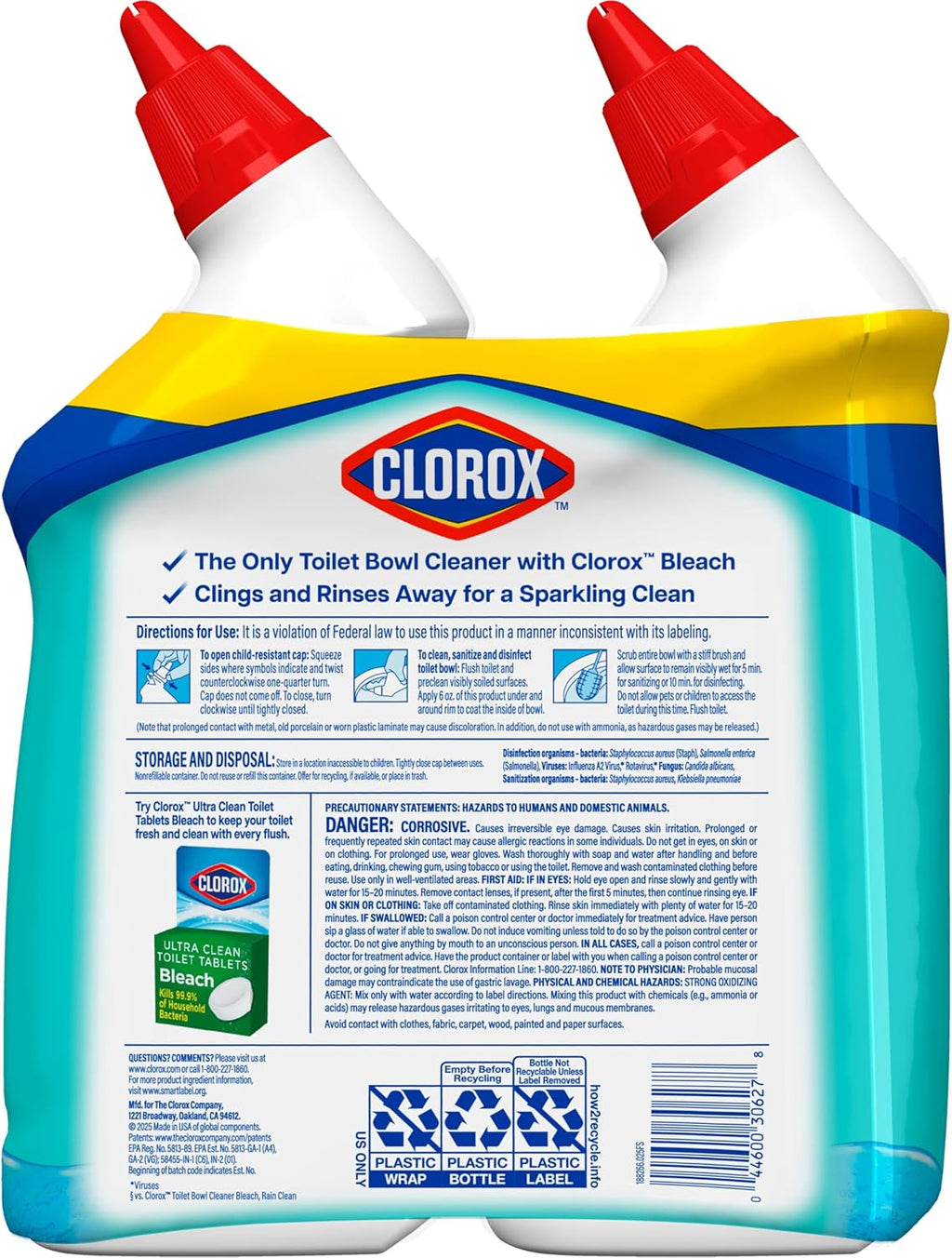Clorox Toilet Bowl Cleaner, Clinging Bleach Gel, Ocean Mist - 24 Ounces, Pack of 2